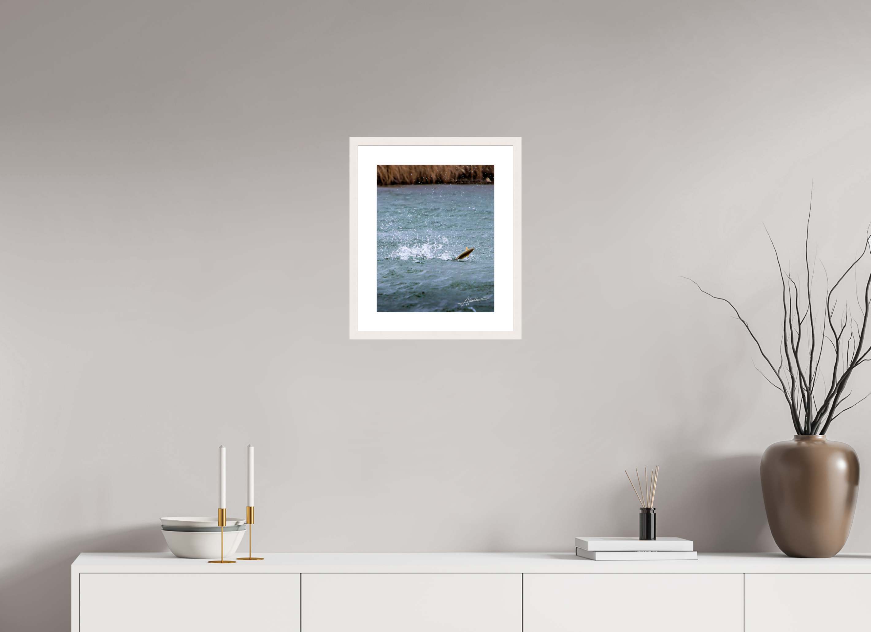 12 x 15″, Solid Wood Frame with Passe-partout Jumping Rainbow Trout