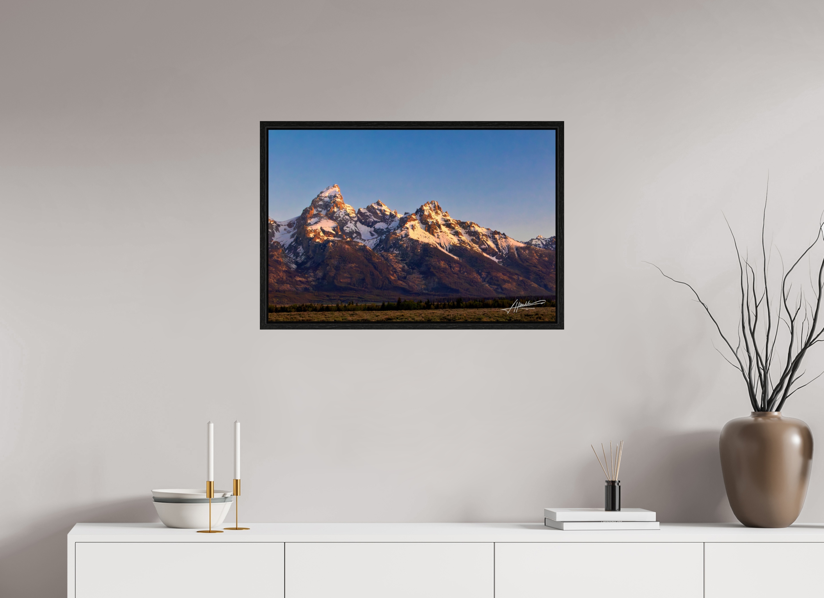 30 x 20″, Floater Frame Sunrising on the Tetons