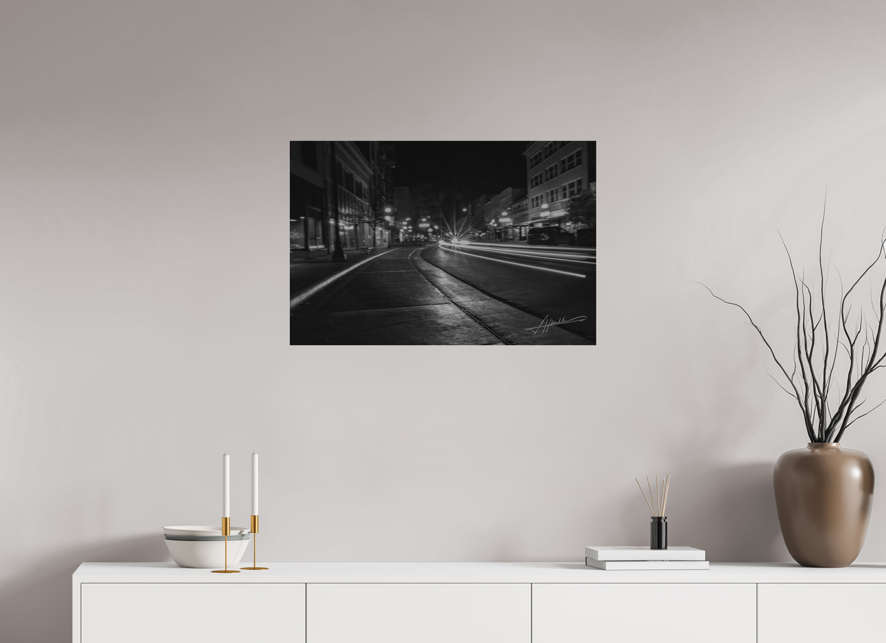 30 x 20″, Direct Brushed Aluminum A Street at Night