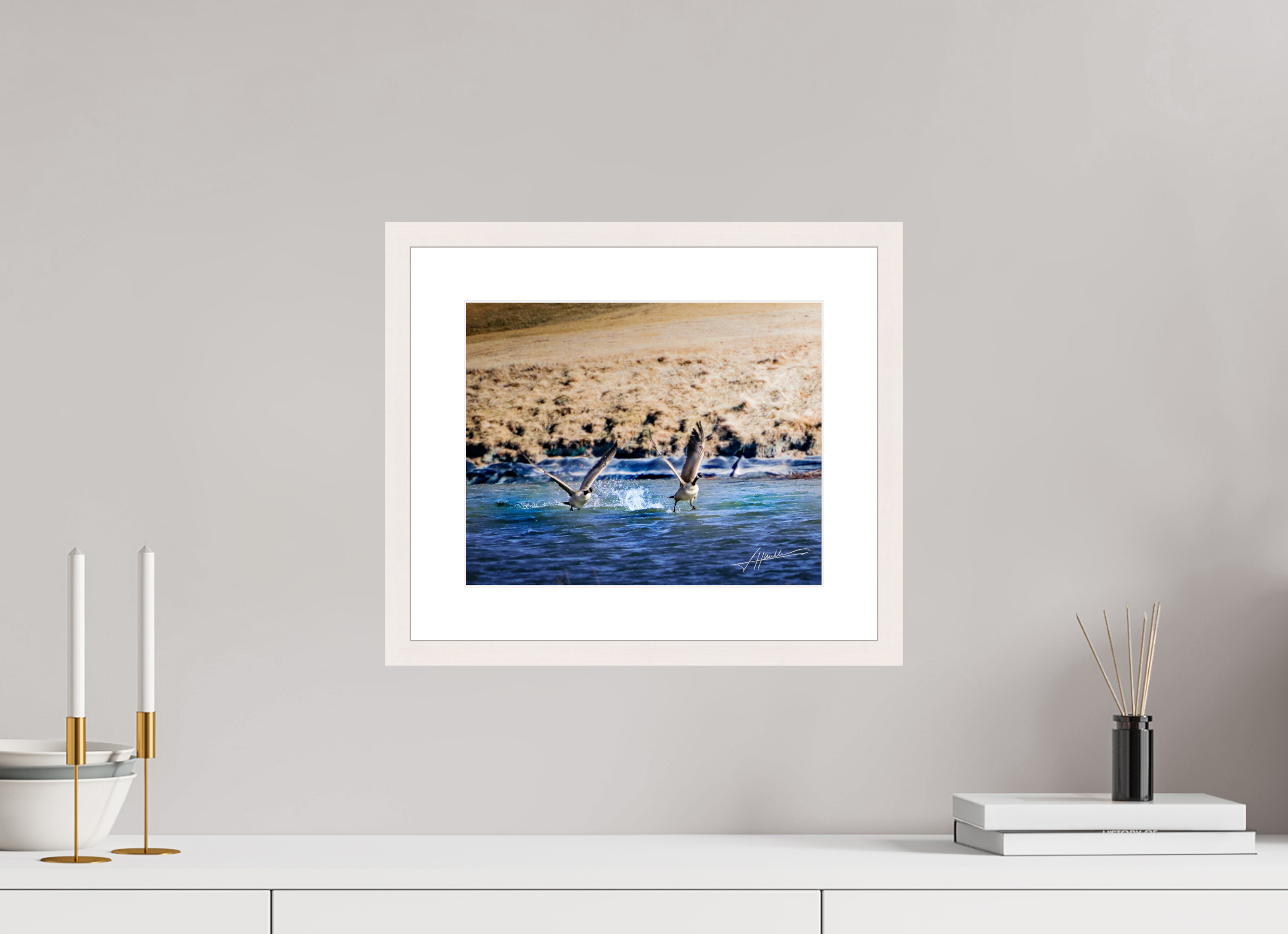 12.5 x 10″, Solid Wood Frame with Passe-partout Geese Taking Flight