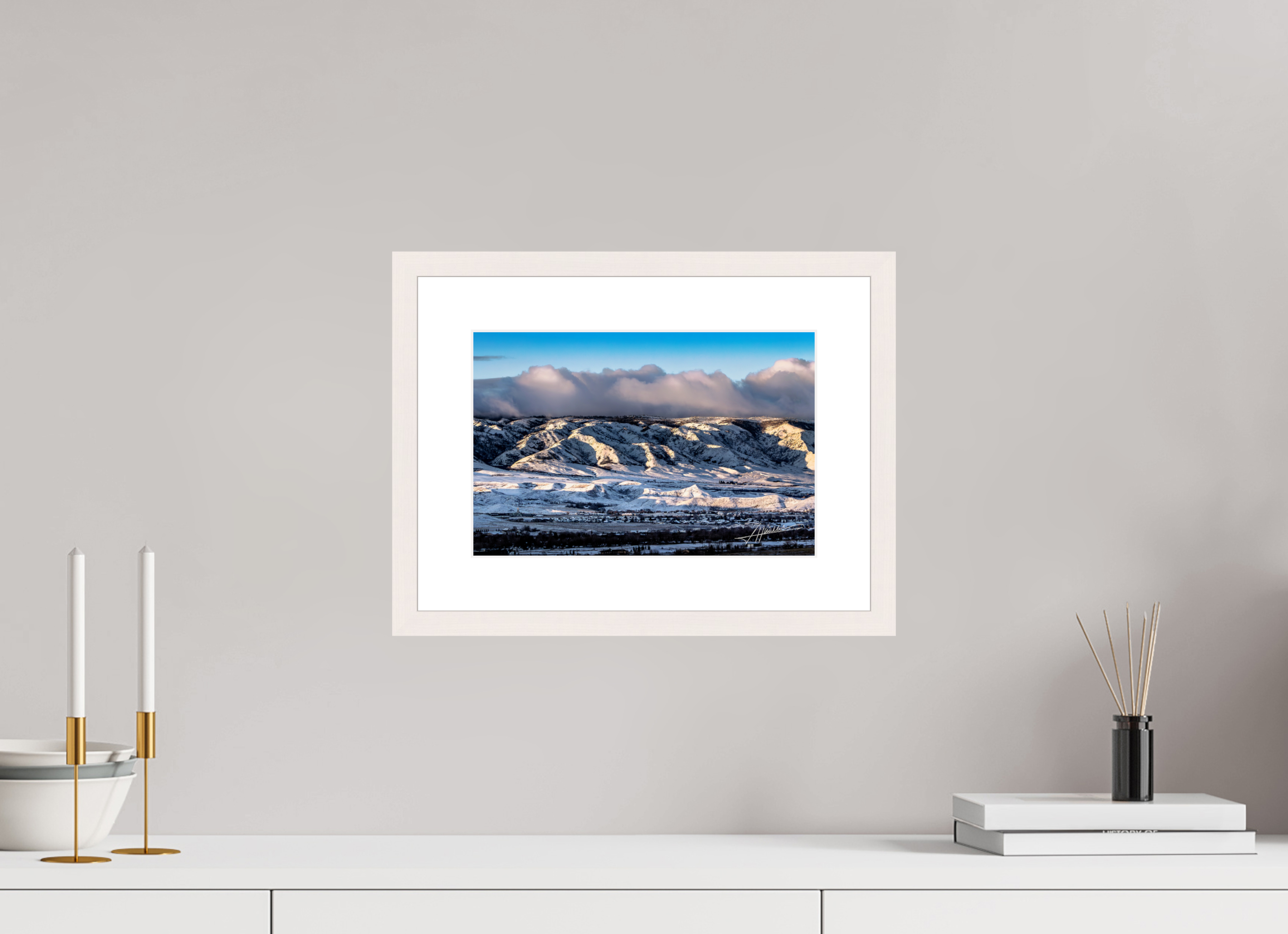 12 x 8″, Solid Wood Frame with Passe-partout Sunset After a Snow Storm