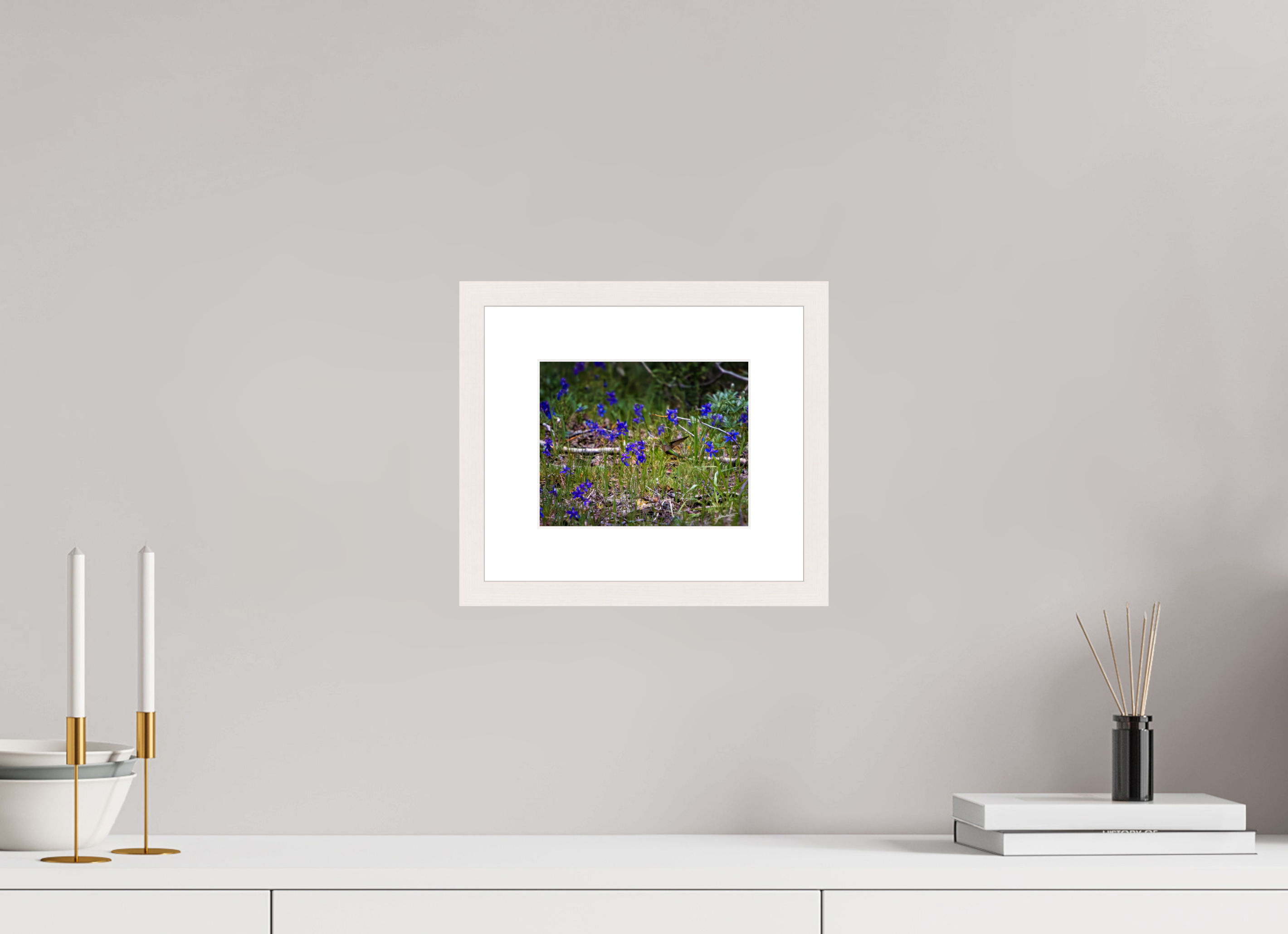 7.5 x 6″, Solid Wood Frame with Passe-partout Feeding Hummingbird