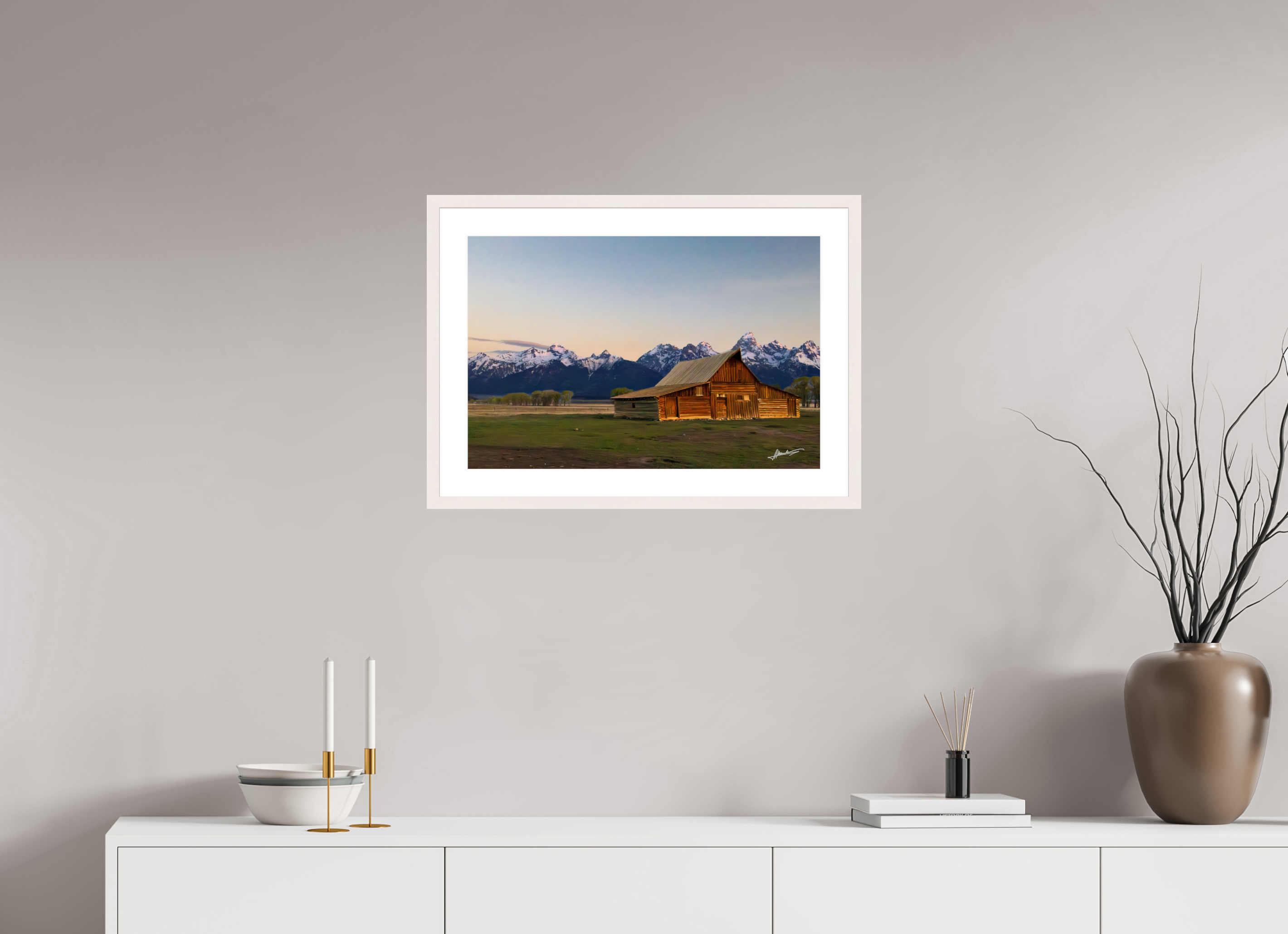 24 x 16″, Solid Wood Frame with Passe-partout Sunrise on the T.A. Barn