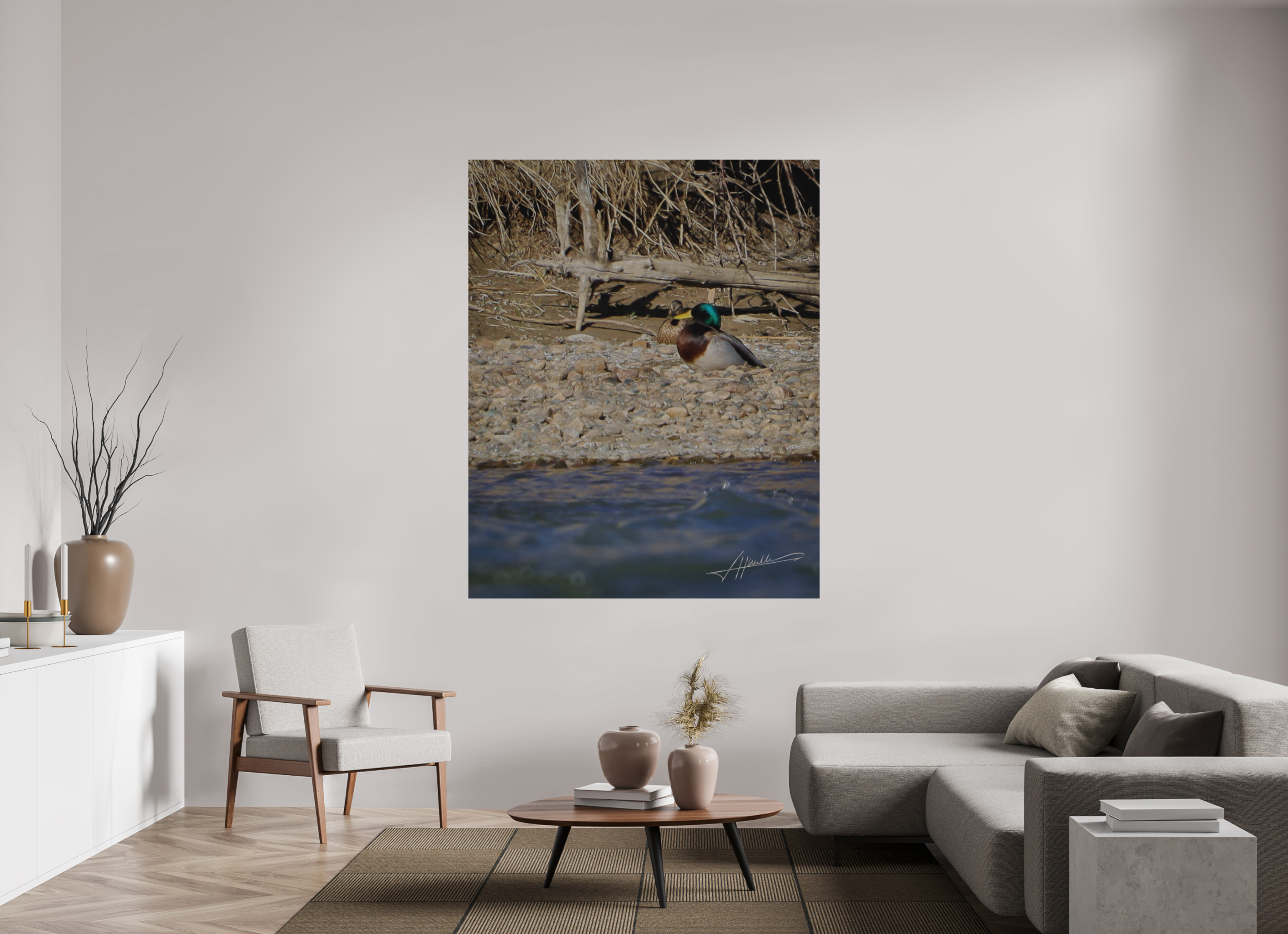 55 x 68.7″, Direct Brushed Aluminum Sunbathing Mallard