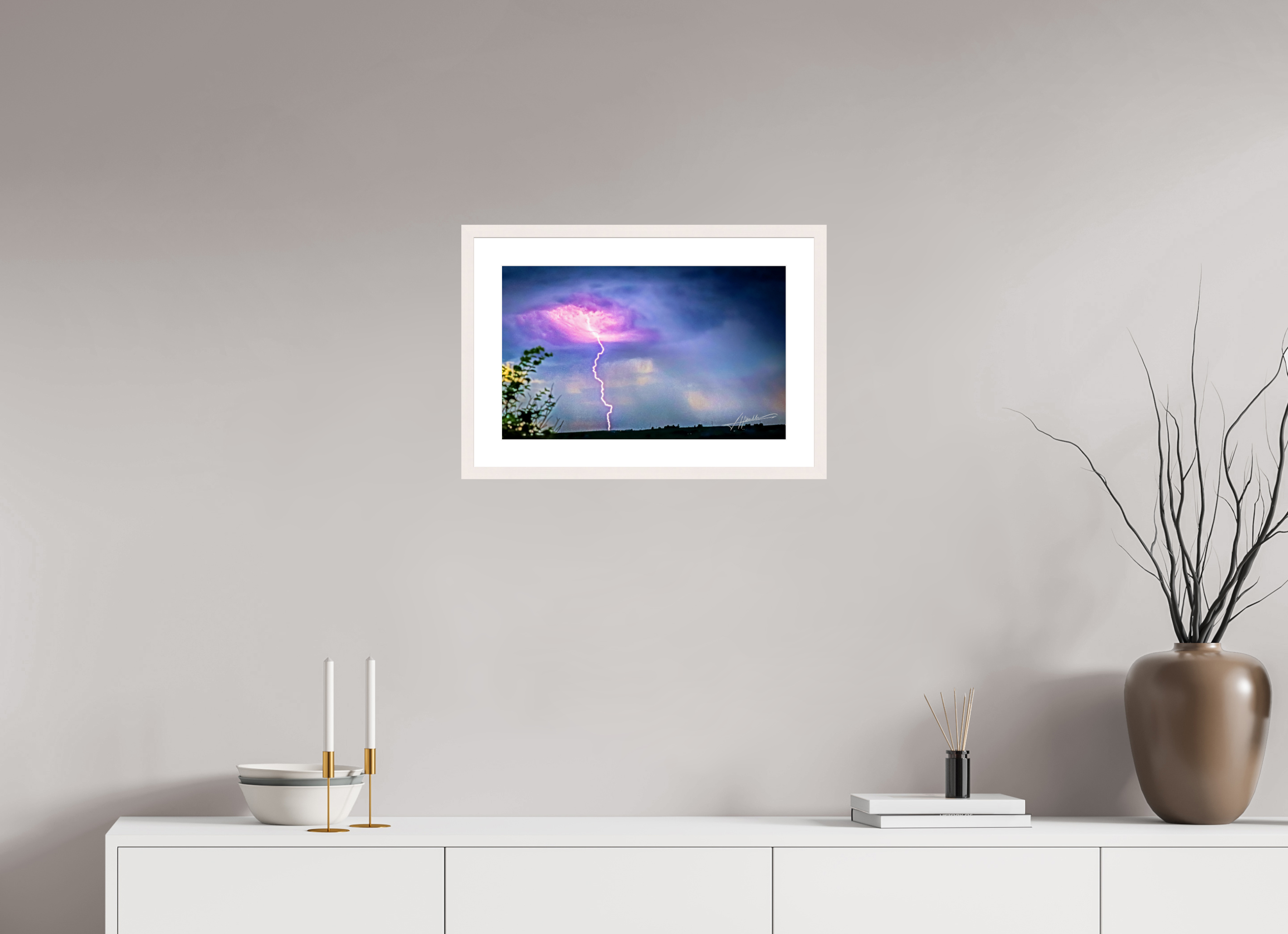 19.4 x 12″, Solid Wood Frame with Passe-partout Lightning Strike