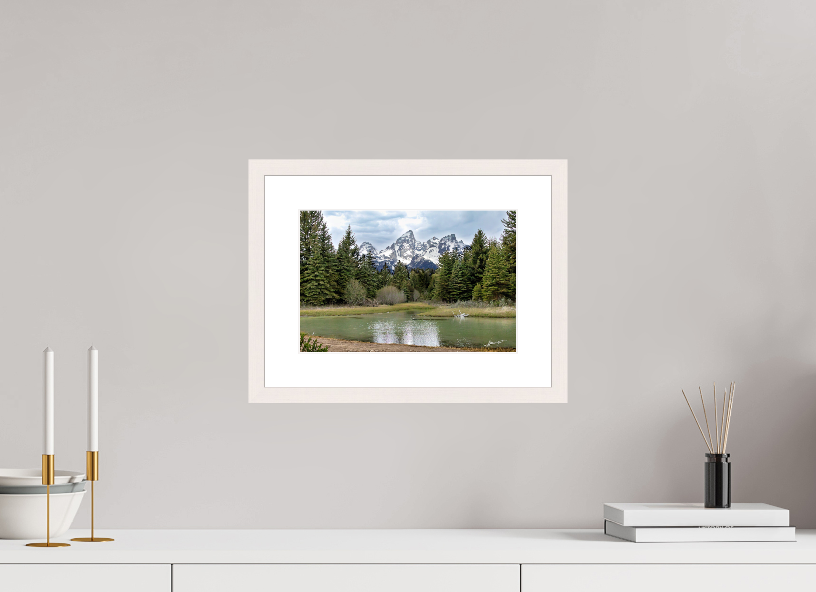 12 x 8″, Solid Wood Frame with Passe-partout Mountain Reflection