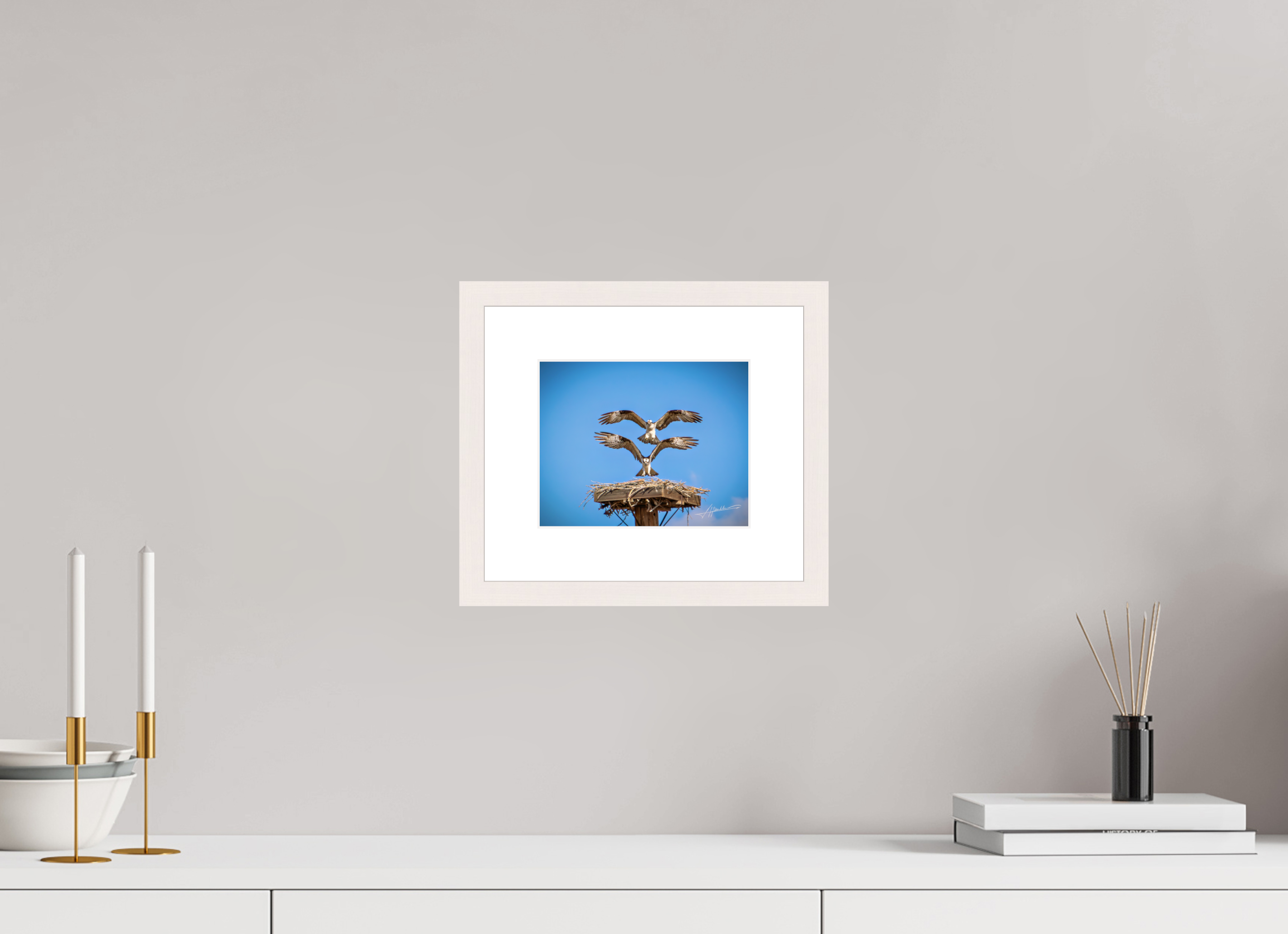 7.5 x 6″, Solid Wood Frame with Passe-partout Two Osprey Landing