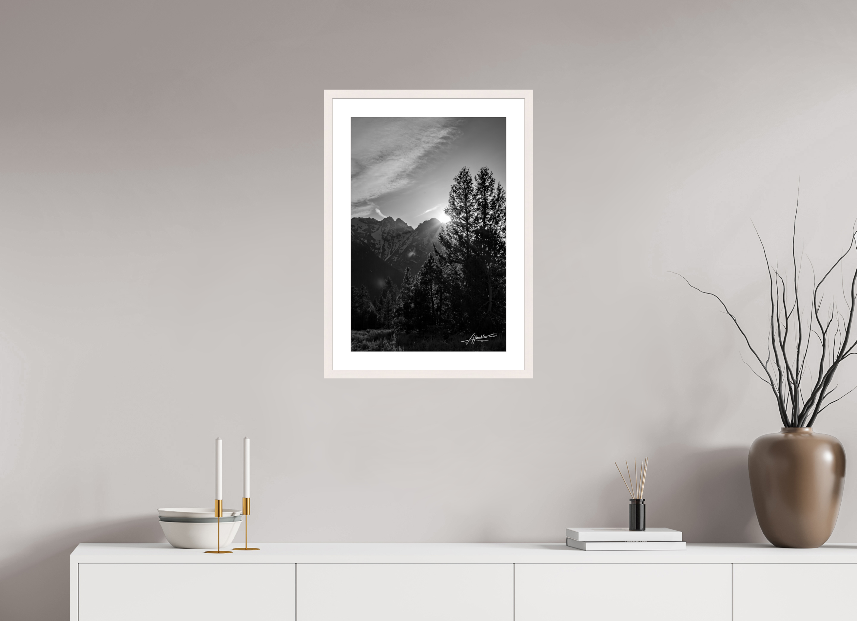 16 x 24″, Solid Wood Frame with Passe-partout B/W Peaks