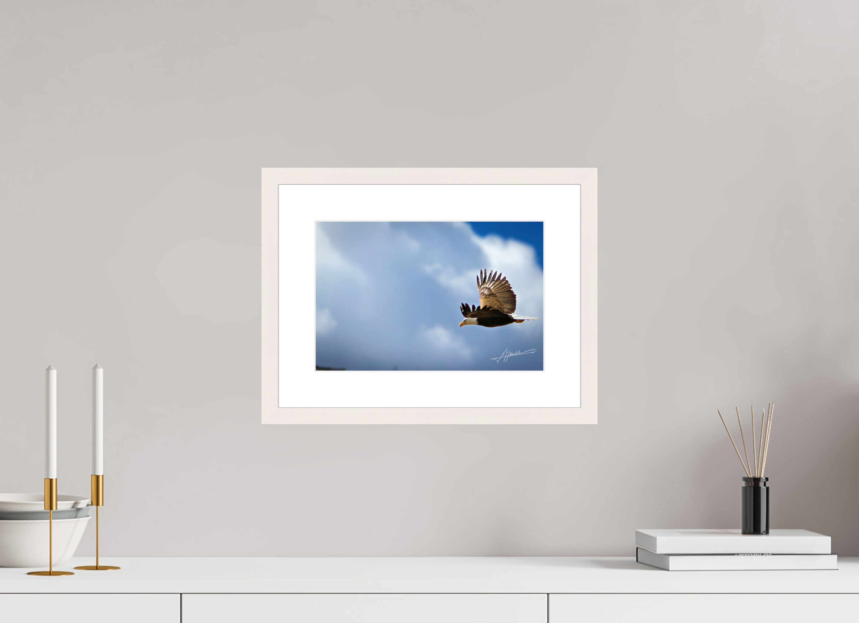12 x 8″, Solid Wood Frame with Passe-partout Bald Eagle Flying