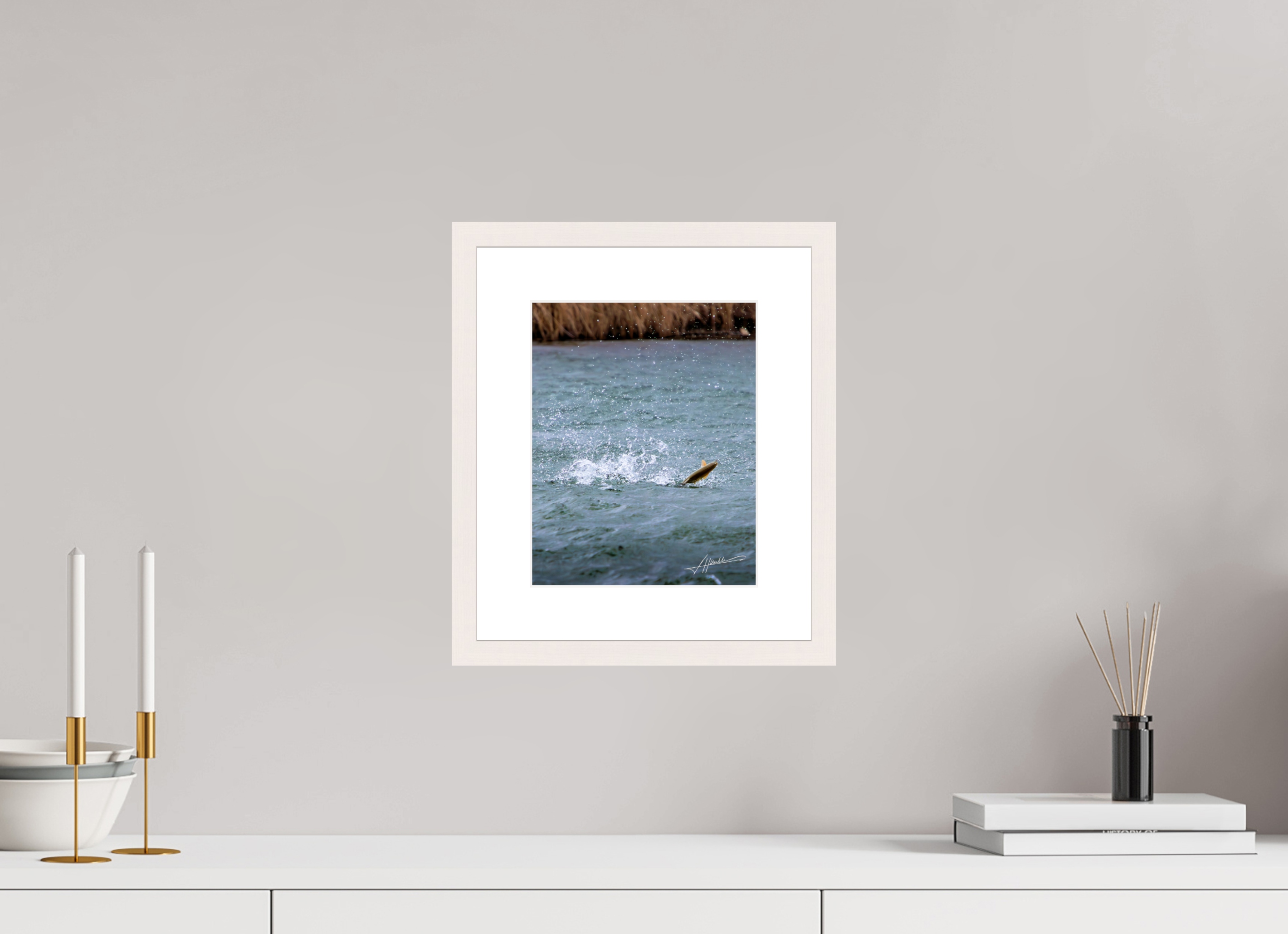 8 x 10″, Solid Wood Frame with Passe-partout Jumping Rainbow Trout