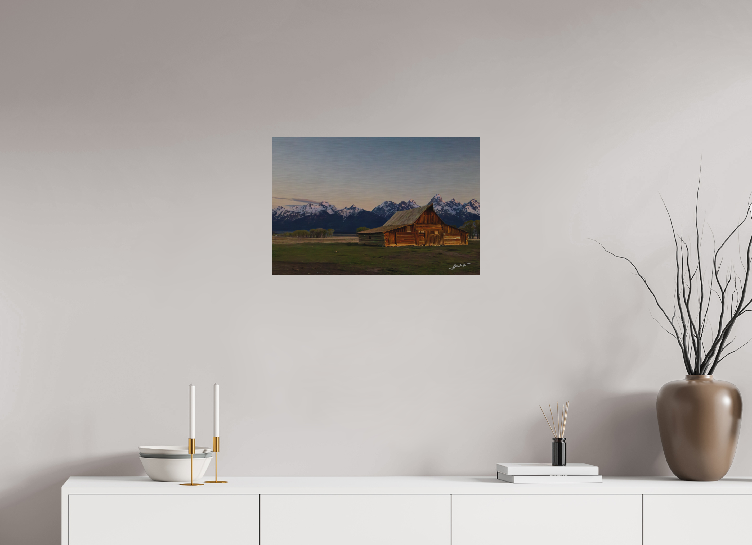 24 x 16″, Direct Brushed Aluminum Sunrise on the T.A. Barn