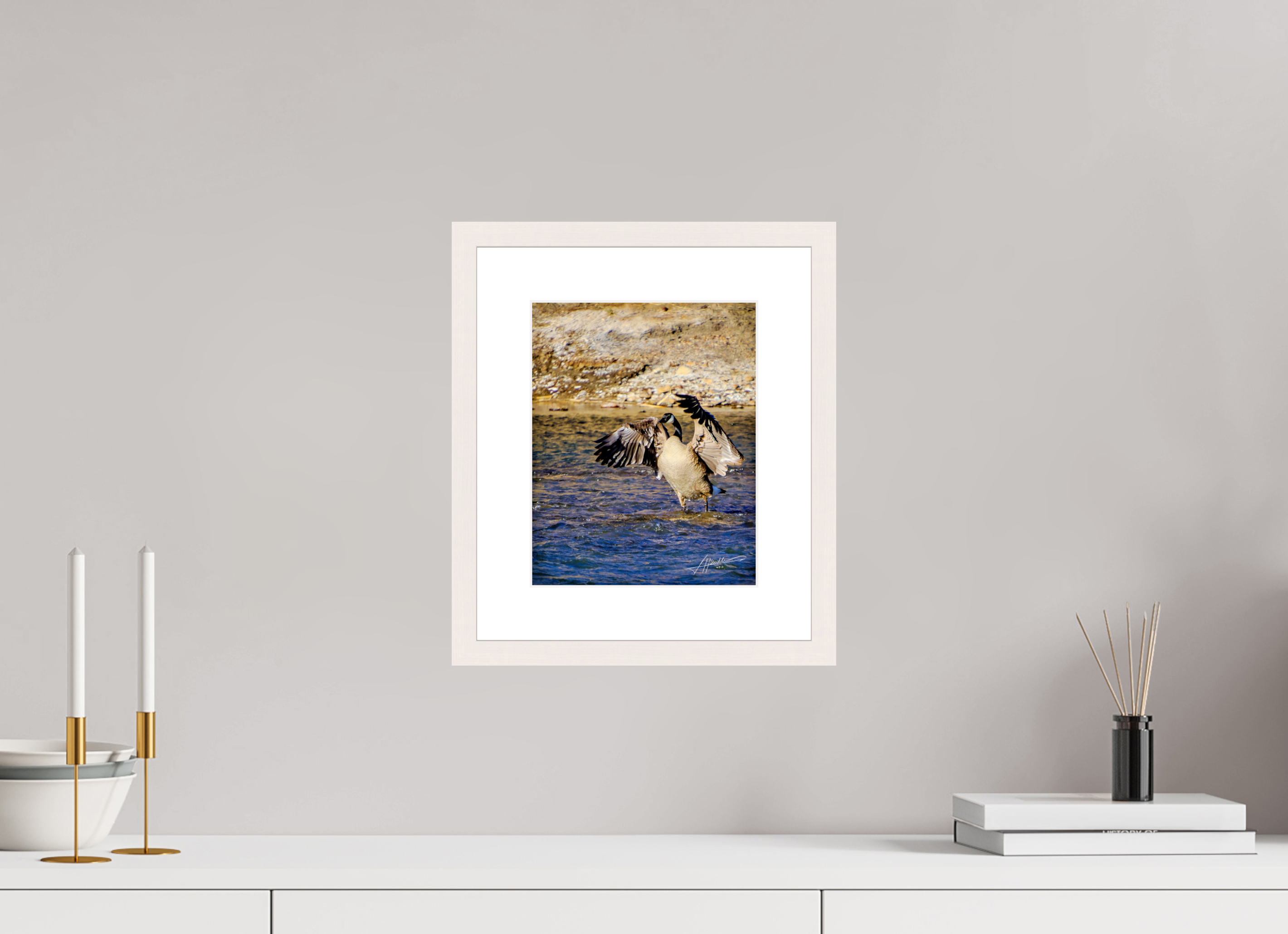 8 x 10″, Solid Wood Frame with Passe-partout The Bathing Goose