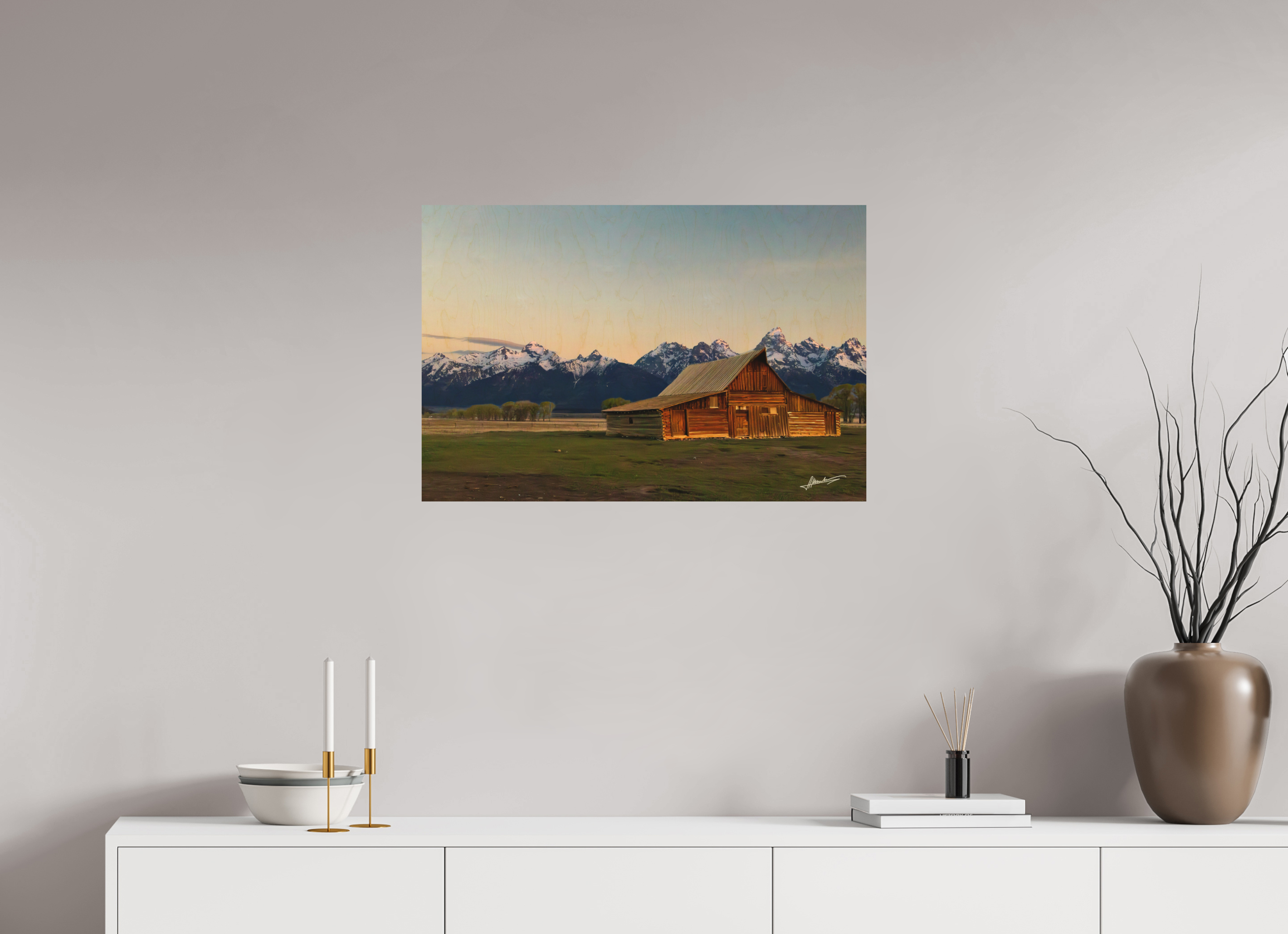 30 x 20″, Direct Photo Print on Wood Sunrise on the T.A. Barn