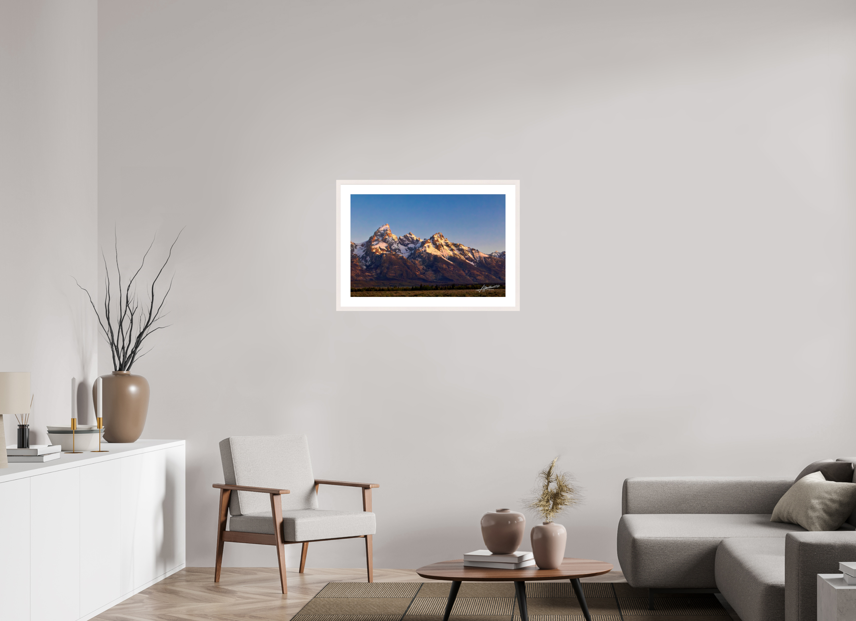 30 x 20″, Solid Wood Frame with Passe-partout Sunrising on the Tetons