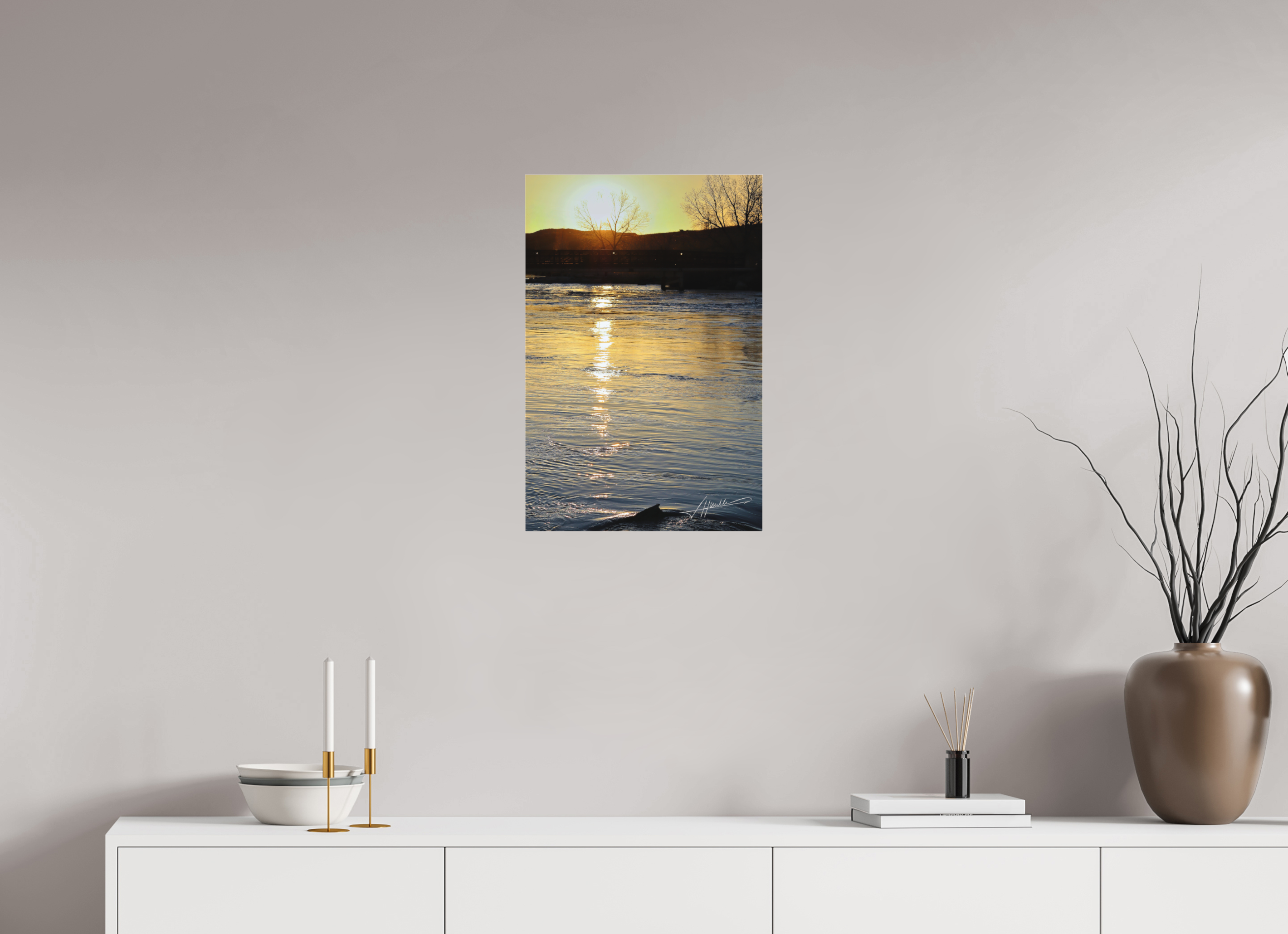 16 x 24″, Fine Pigment Under Acrylic Sunset on the River