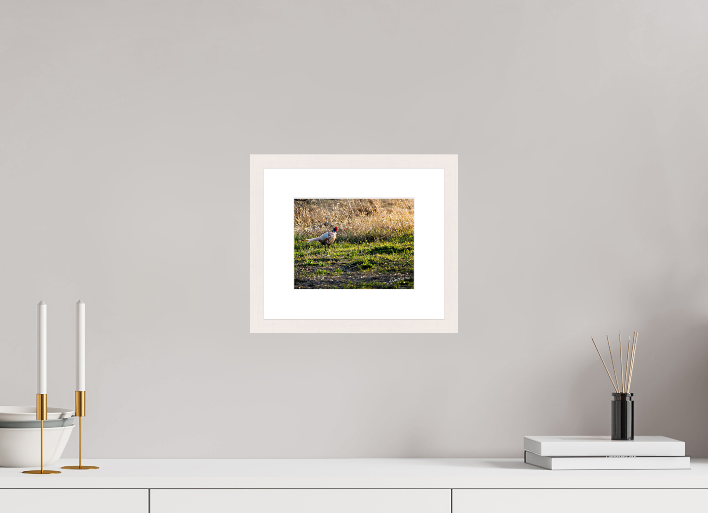 7.8 x 6″, Solid Wood Frame with Passe-partout Evening Pheasant