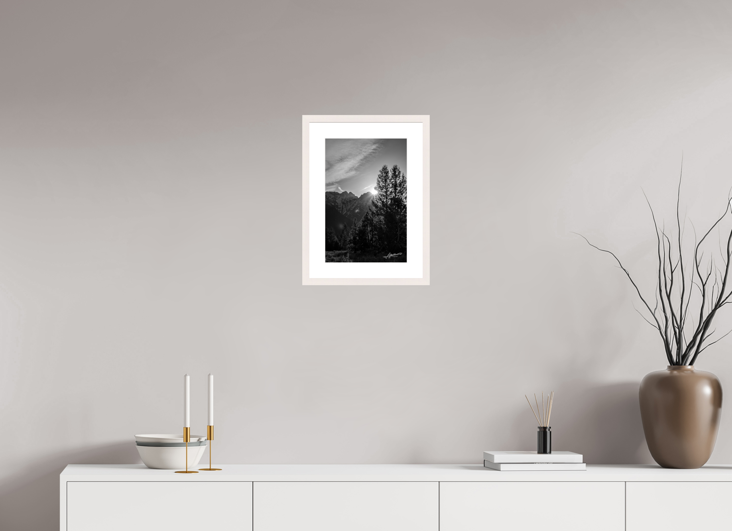 10 x 15″, Solid Wood Frame with Passe-partout B/W Peaks