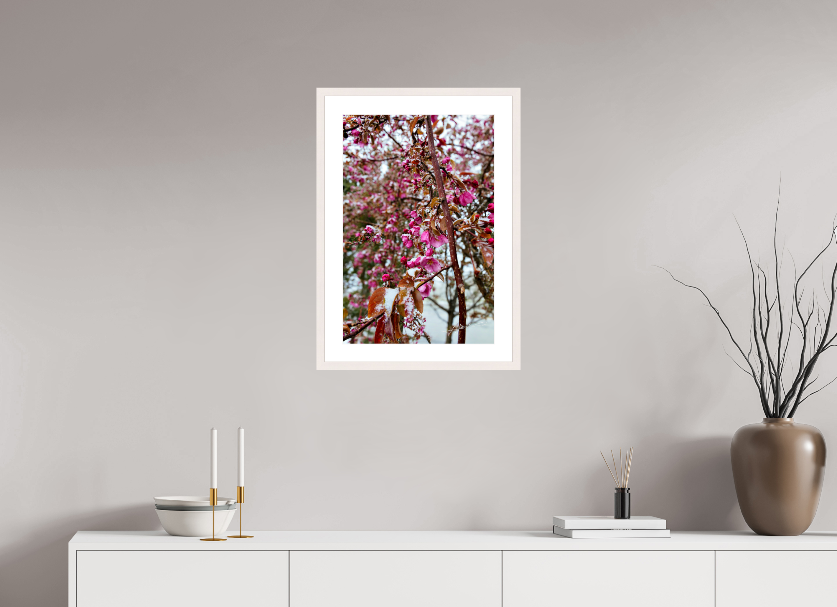 16 x 24″, Solid Wood Frame with Passe-partout Late Spring Snow