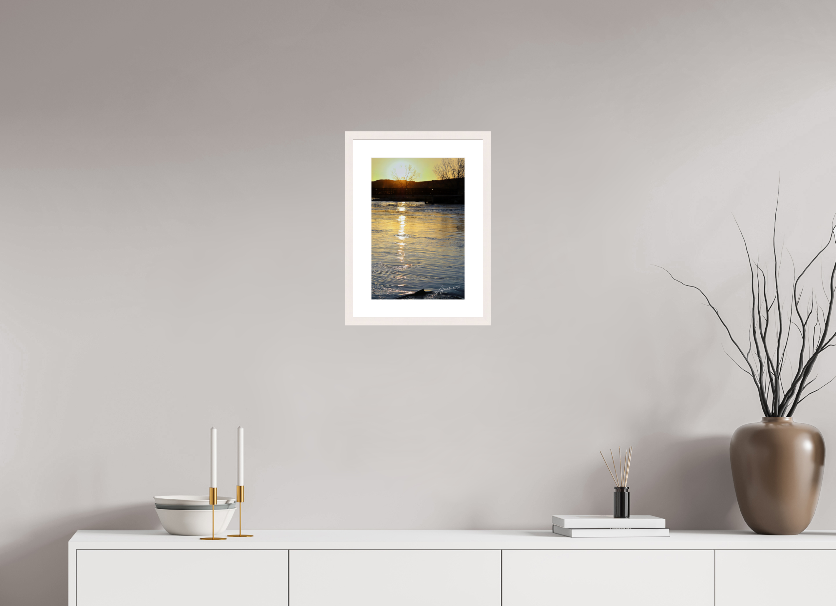 10 x 15″, Solid Wood Frame with Passe-partout Sunset on the River