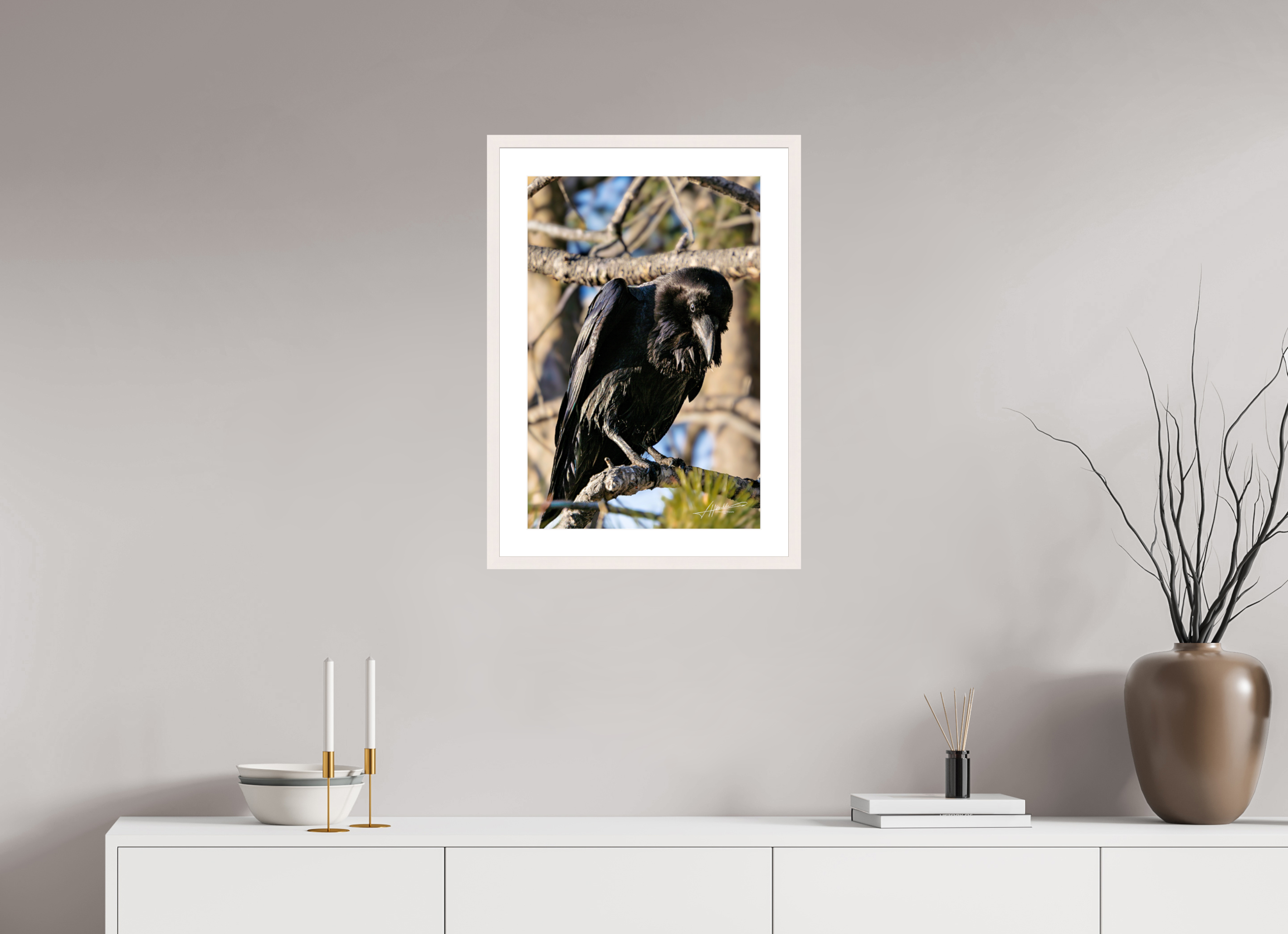 16 x 24″, Solid Wood Frame with Passe-partout Morning Raven