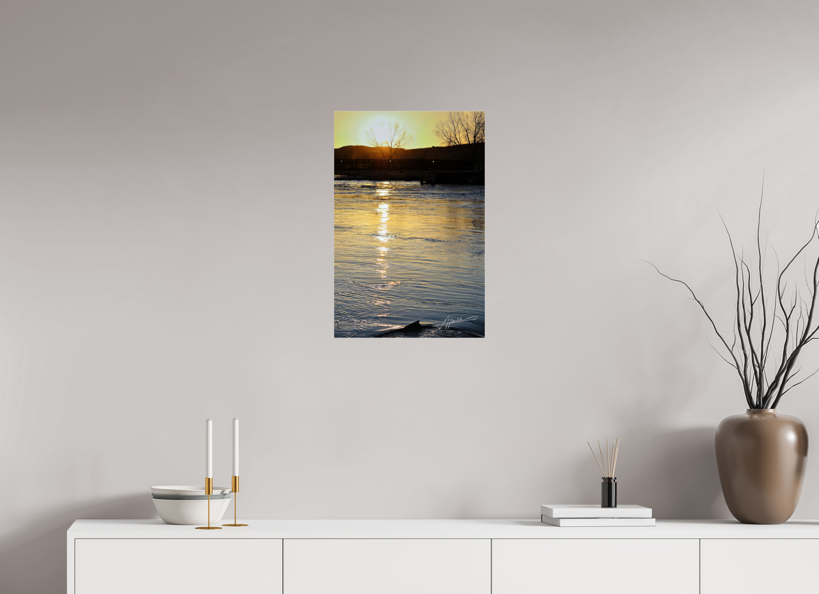 16 x 24″, Metallic Under Acrylic Sunset on the River