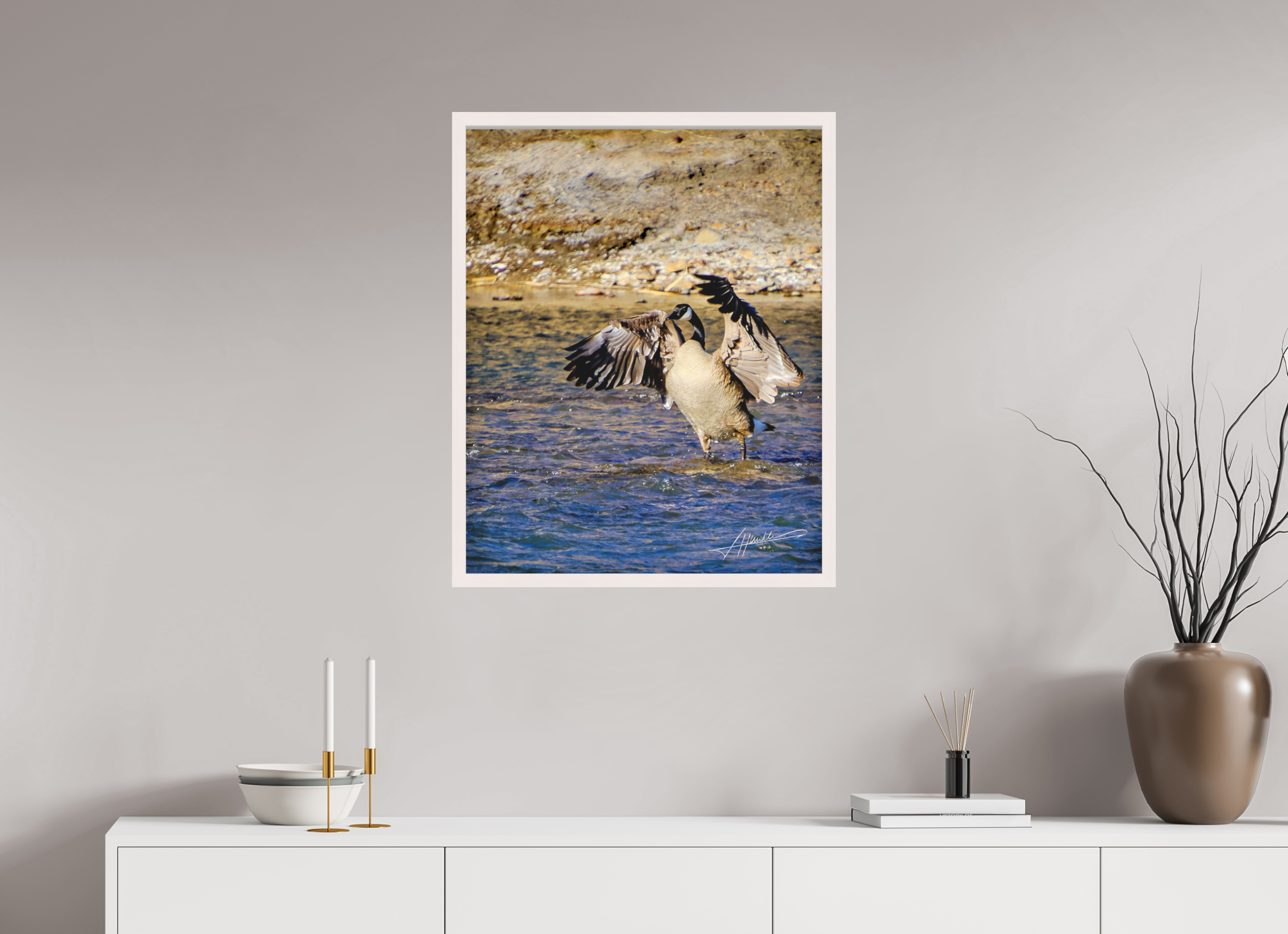 24 x 30″, Shadow Box Frame The Bathing Goose