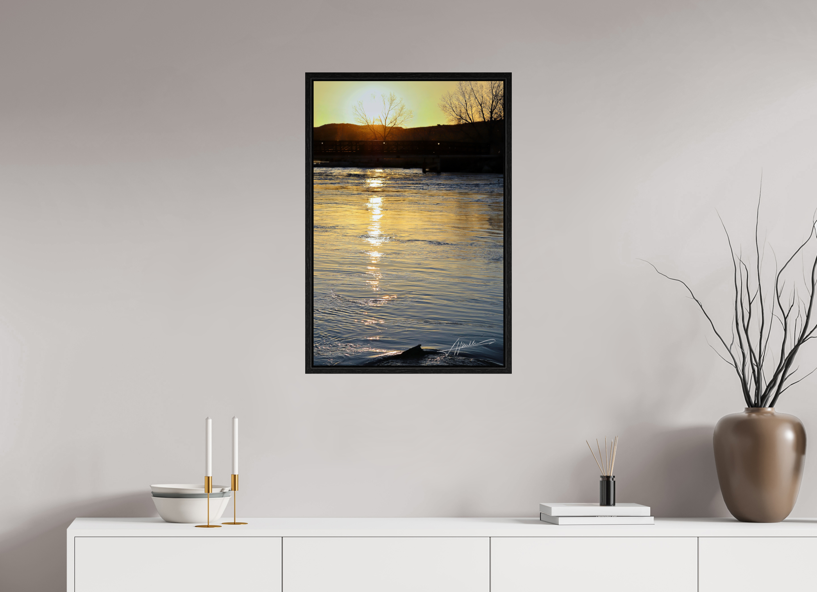 20 x 30″, Floater Frame Sunset on the River