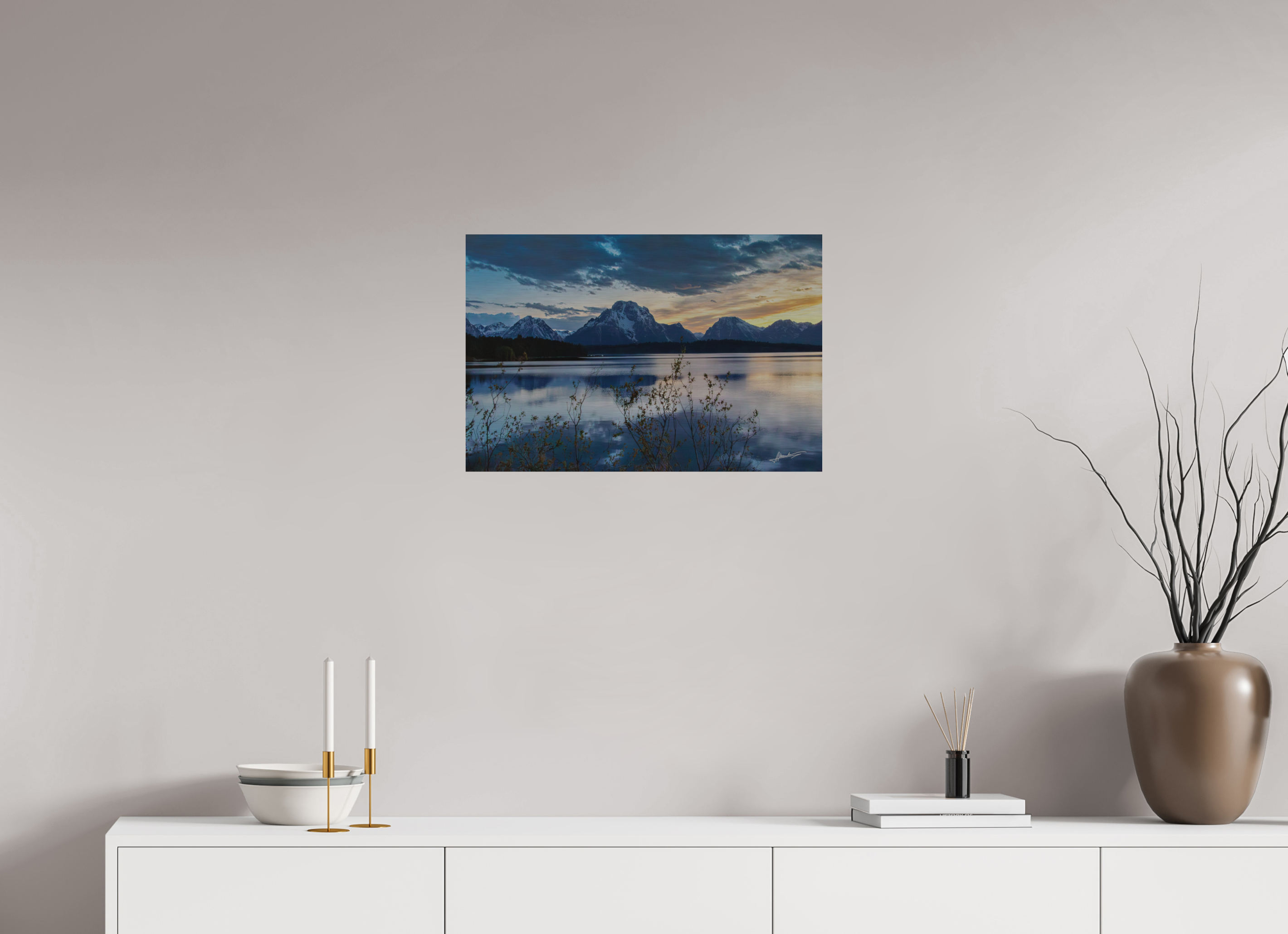 24 x 16″, Direct Brushed Aluminum Sunset on Jackson Lake