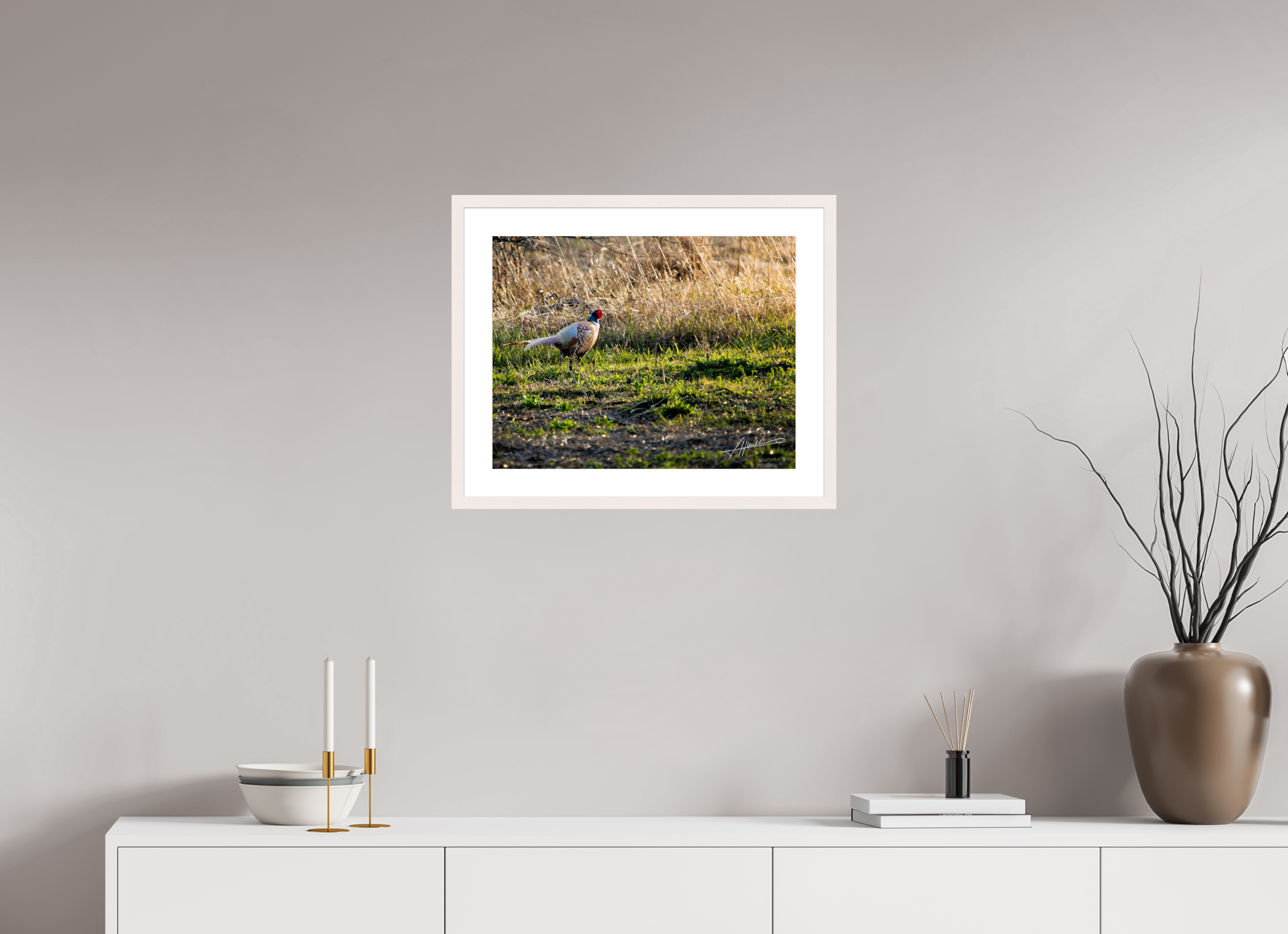 20.7 x 16″, Solid Wood Frame with Passe-partout Evening Pheasant