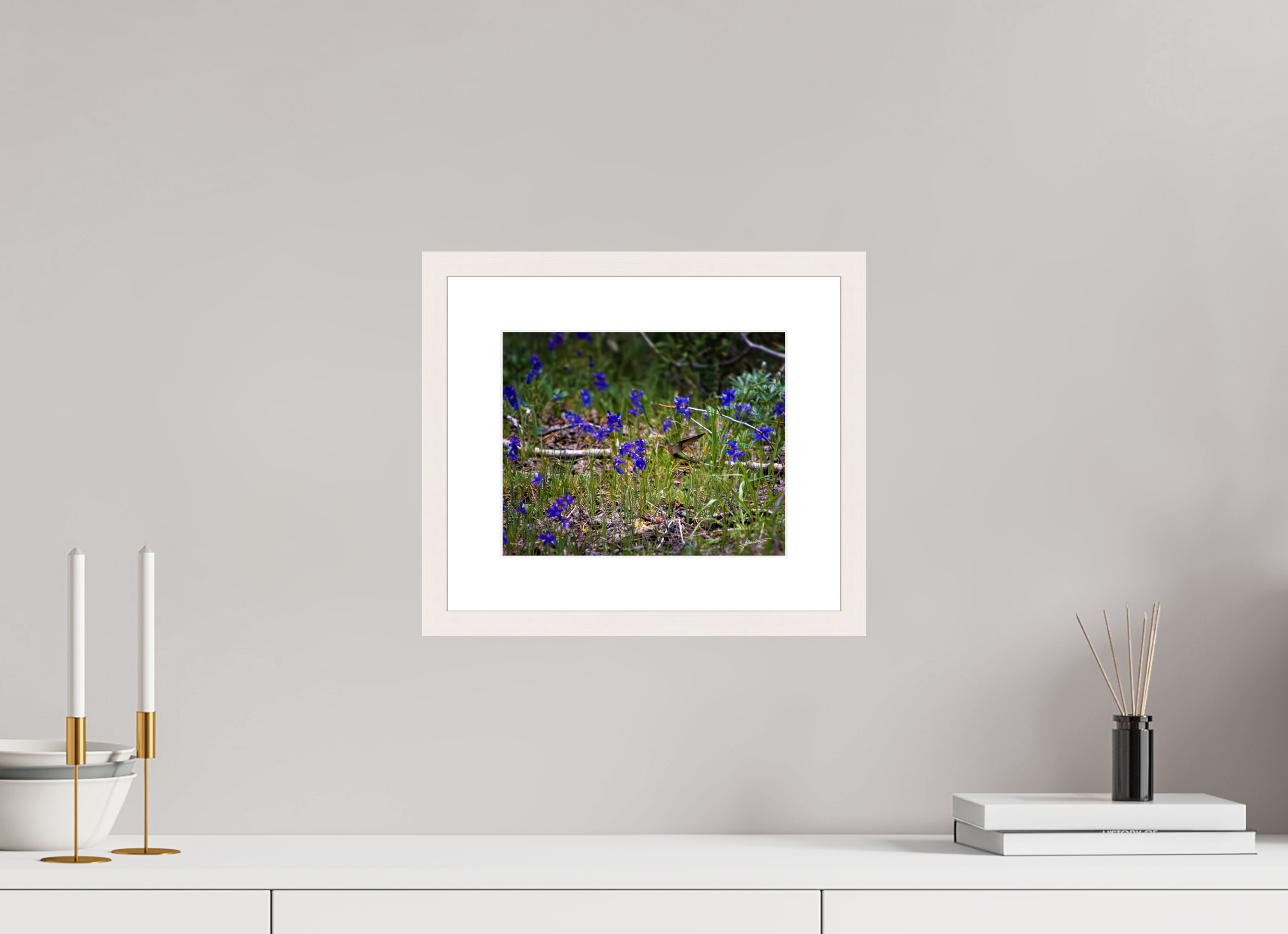 10 x 8″, Solid Wood Frame with Passe-partout Feeding Hummingbird