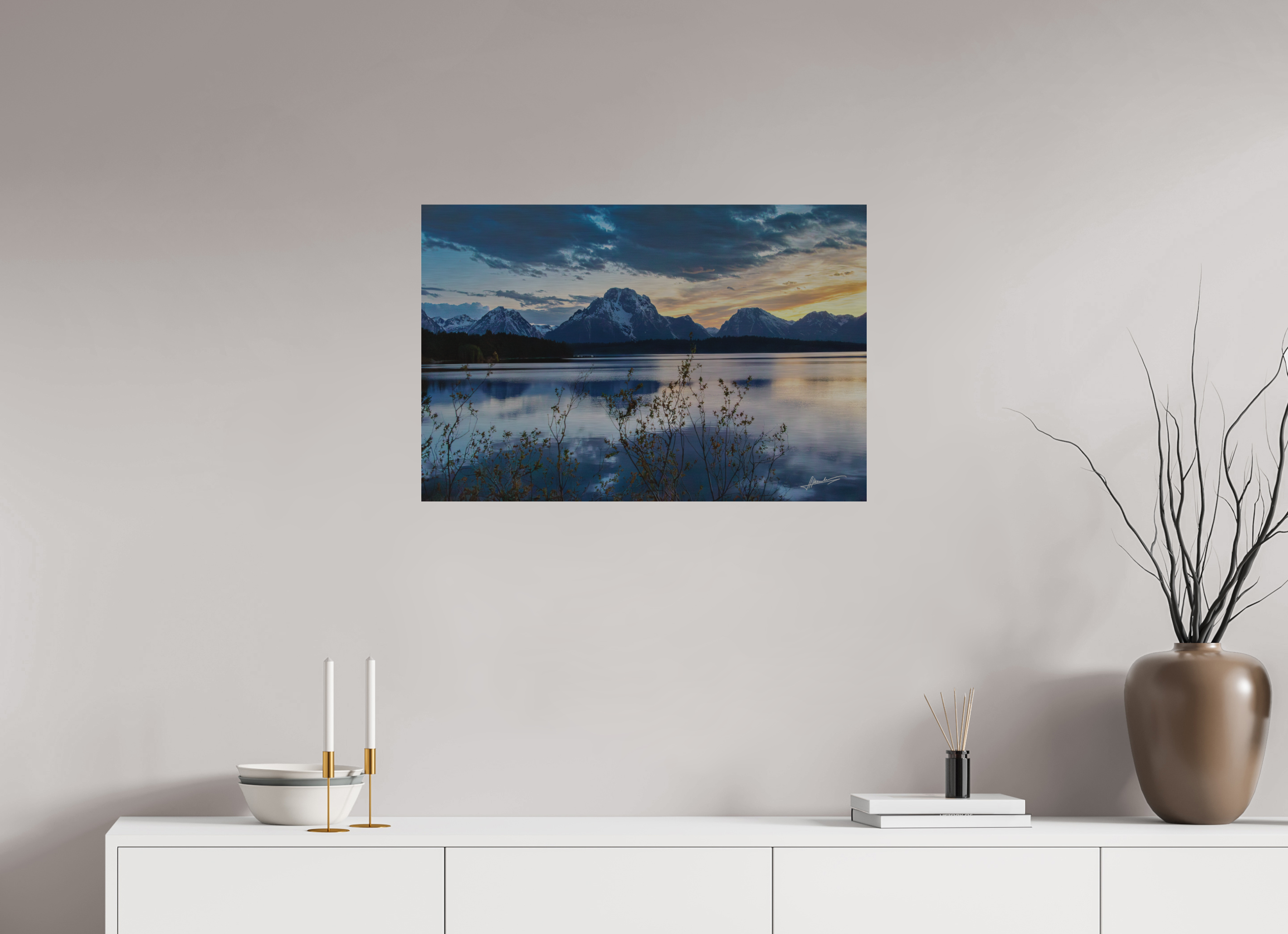 30 x 20″, Direct Brushed Aluminum Sunset on Jackson Lake