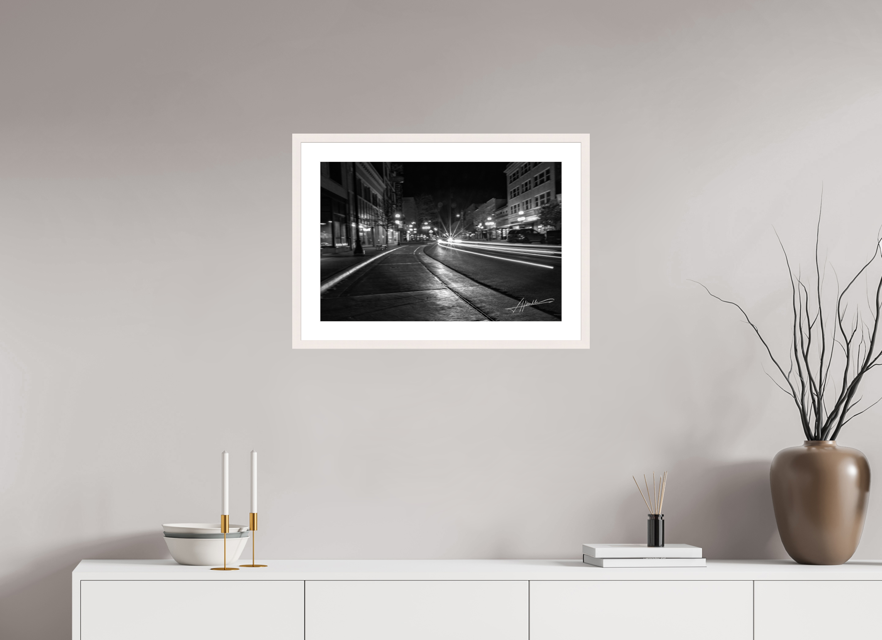 24 x 16″, Solid Wood Frame with Passe-partout A Street at Night
