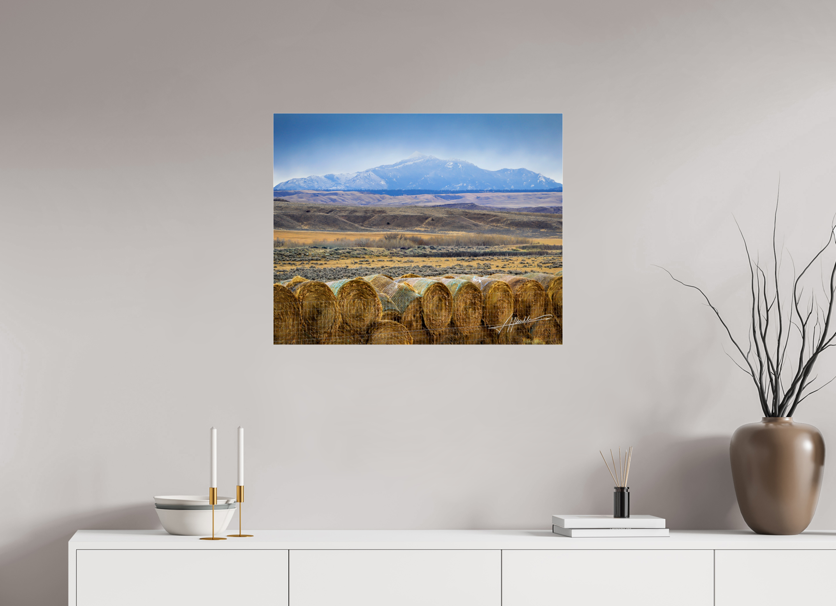 30 x 24″, Metallic Under Acrylic Hay Bales on the Prairie