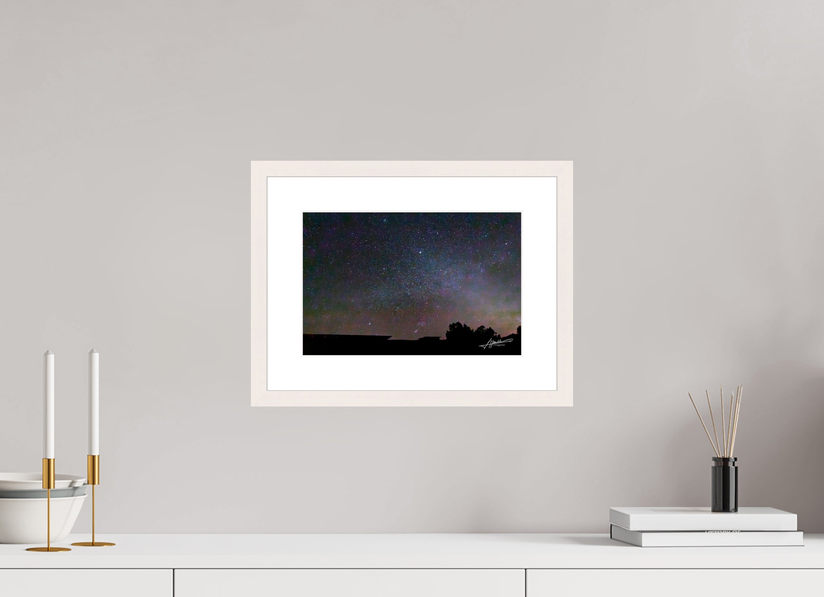 12 x 8″, Solid Wood Frame with Passe-partout Watching the Stars