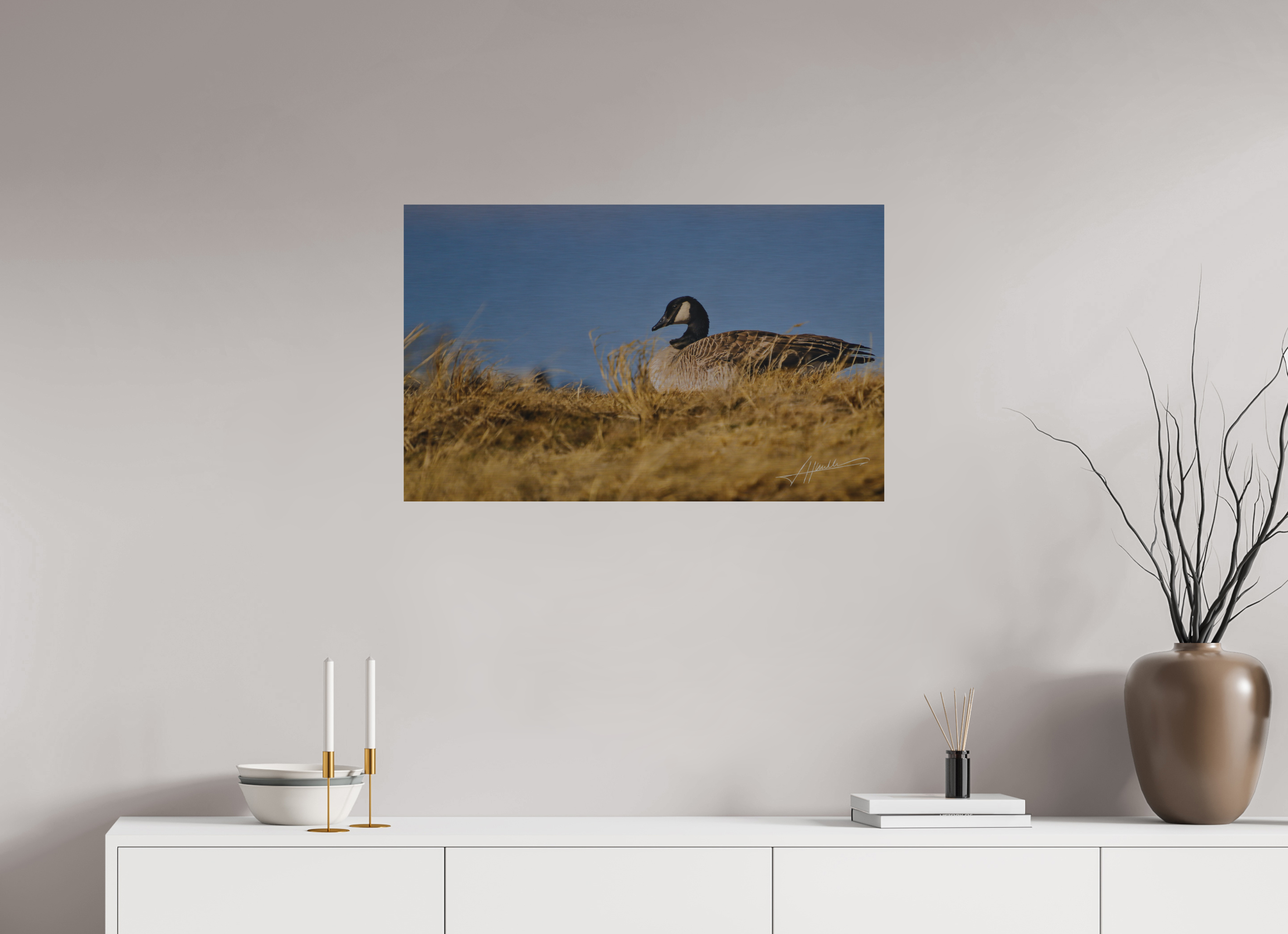 32.4 x 20″, Direct Brushed Aluminum The Nesting Goose