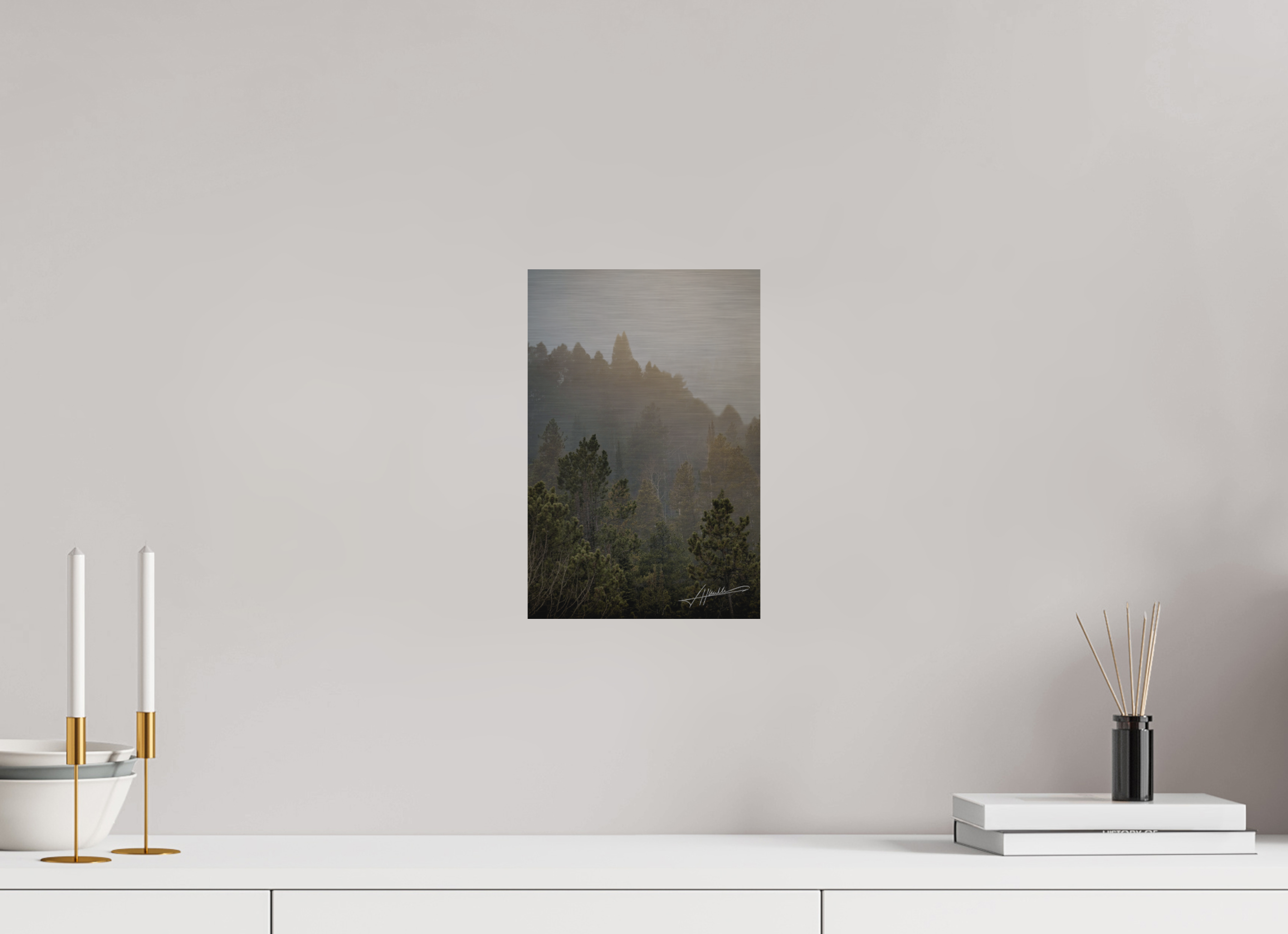 8 x 12″, Direct Brushed Aluminum Glowing Mountain Fog