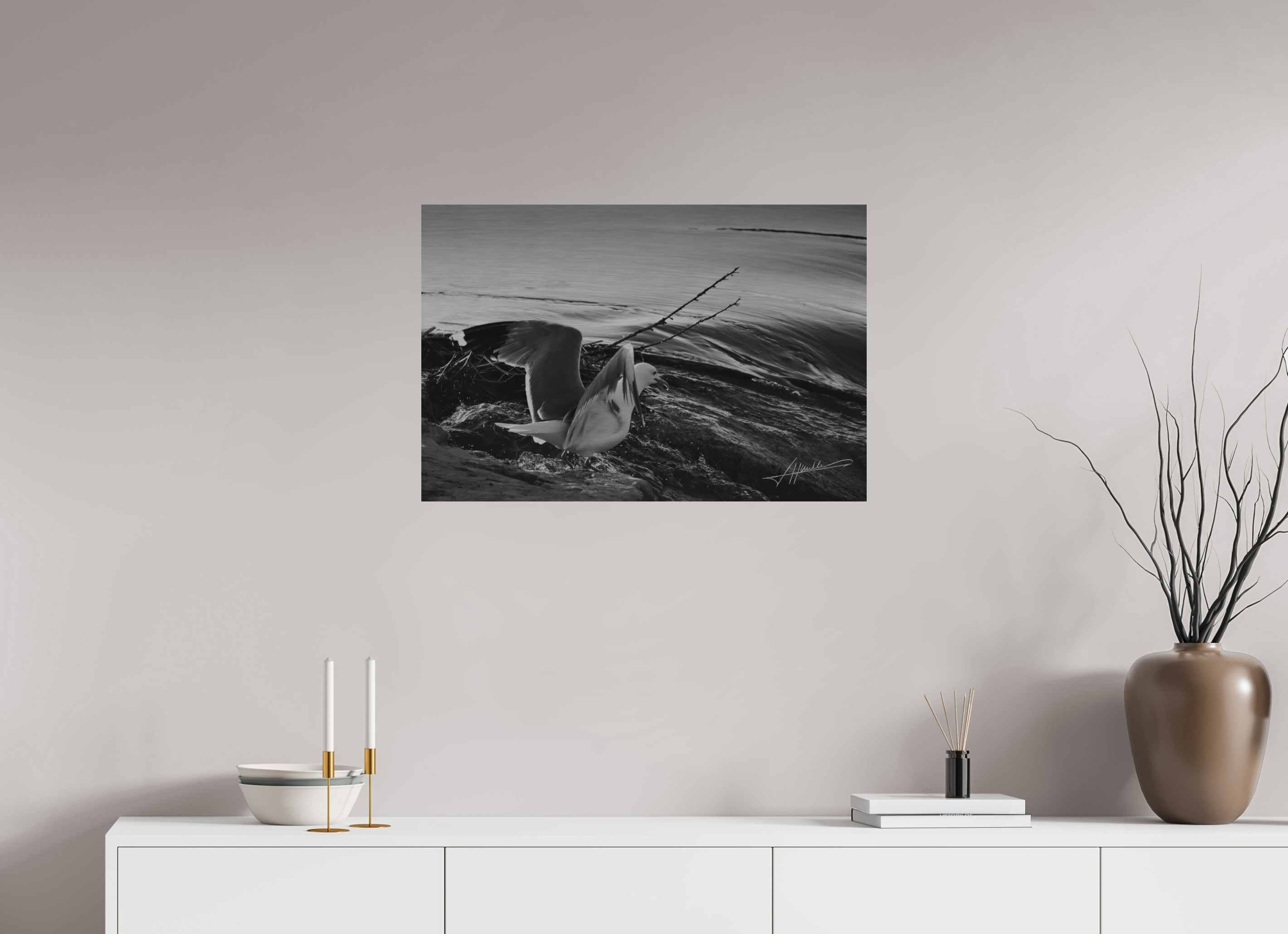 30 x 20″, Direct Brushed Aluminum Seagull Takes Flight