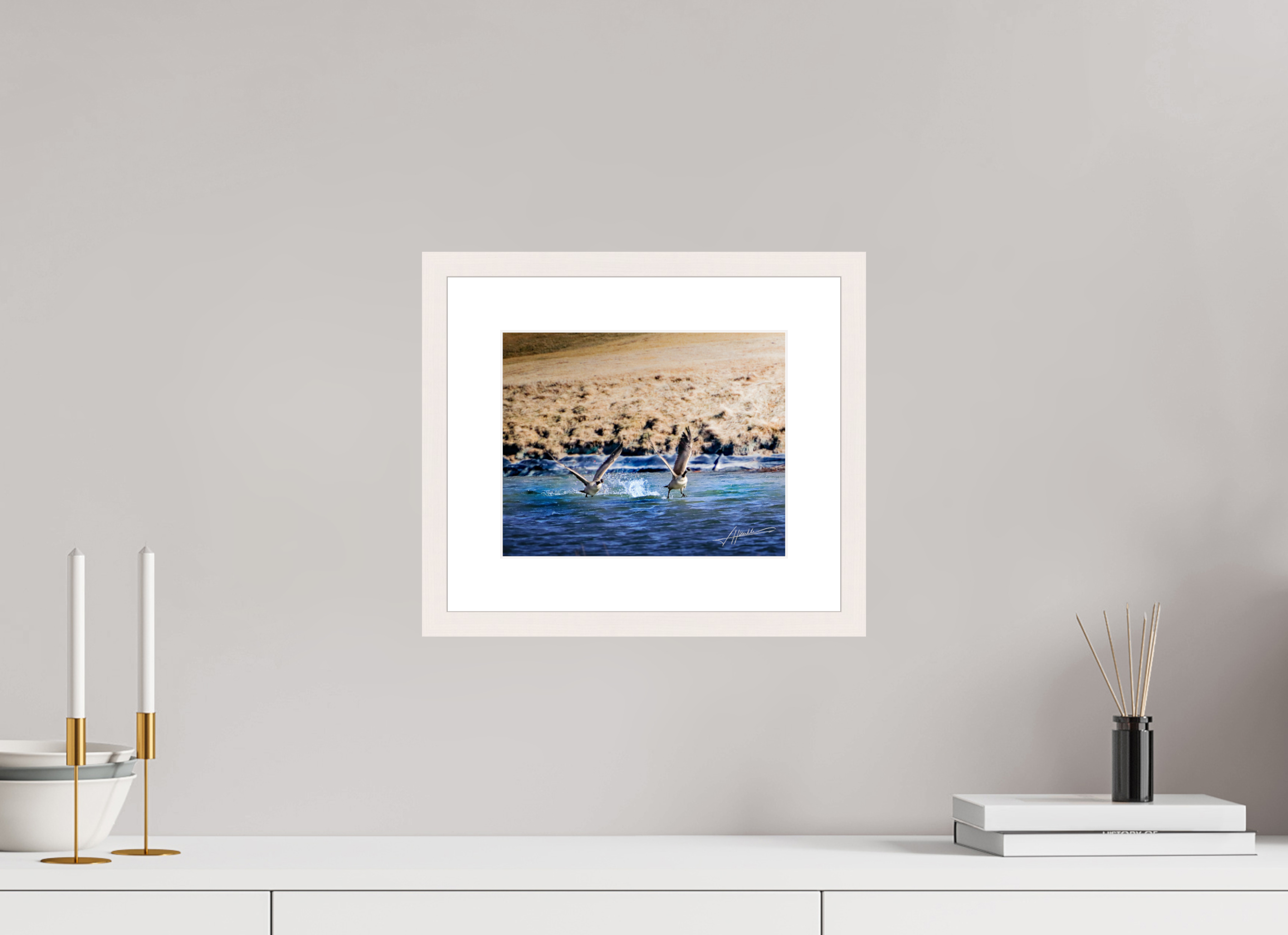 10 x 8″, Solid Wood Frame with Passe-partout Geese Taking Flight