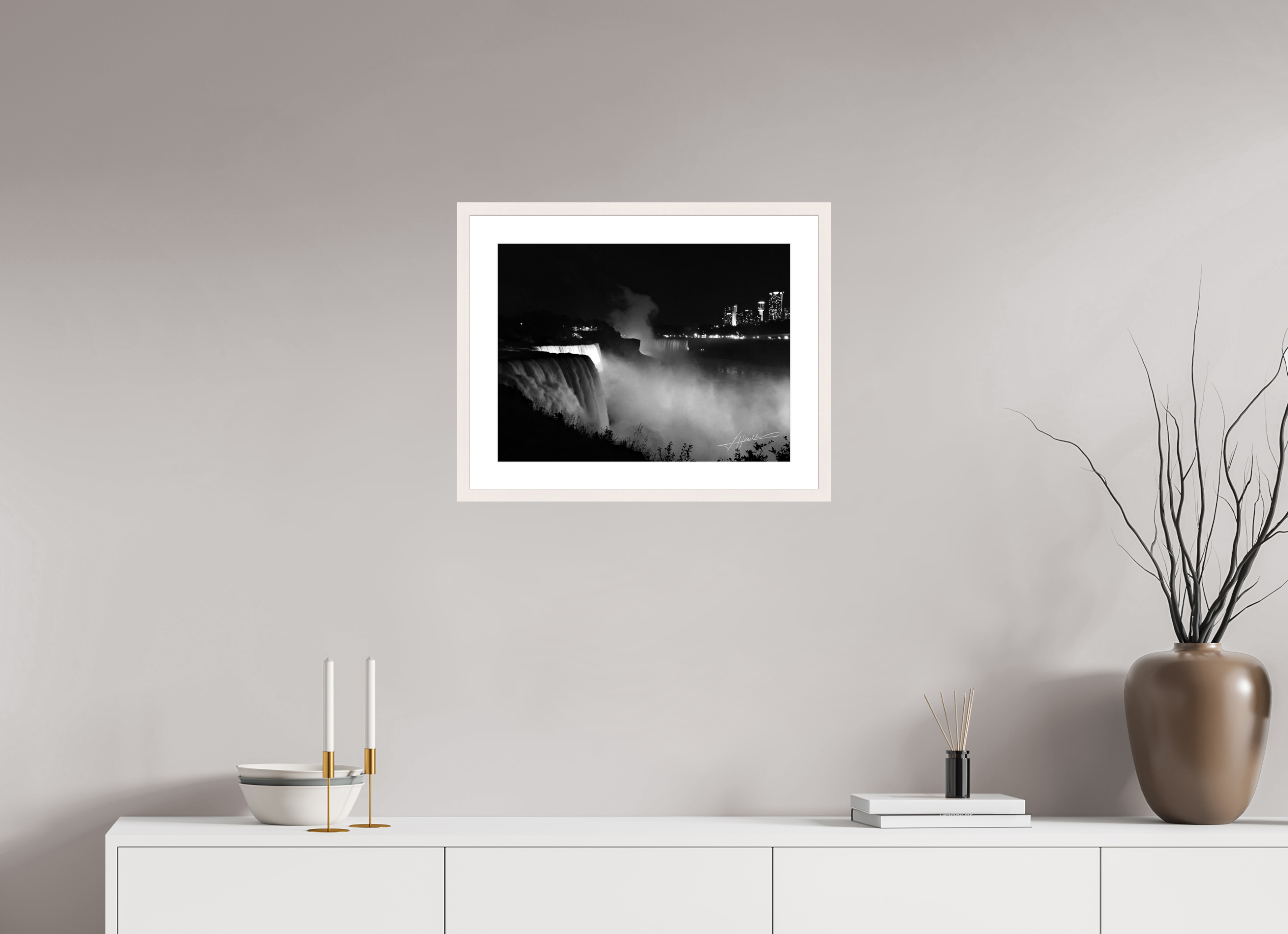 20 x 15″, Solid Wood Frame with Passe-partout A Night at Niagara