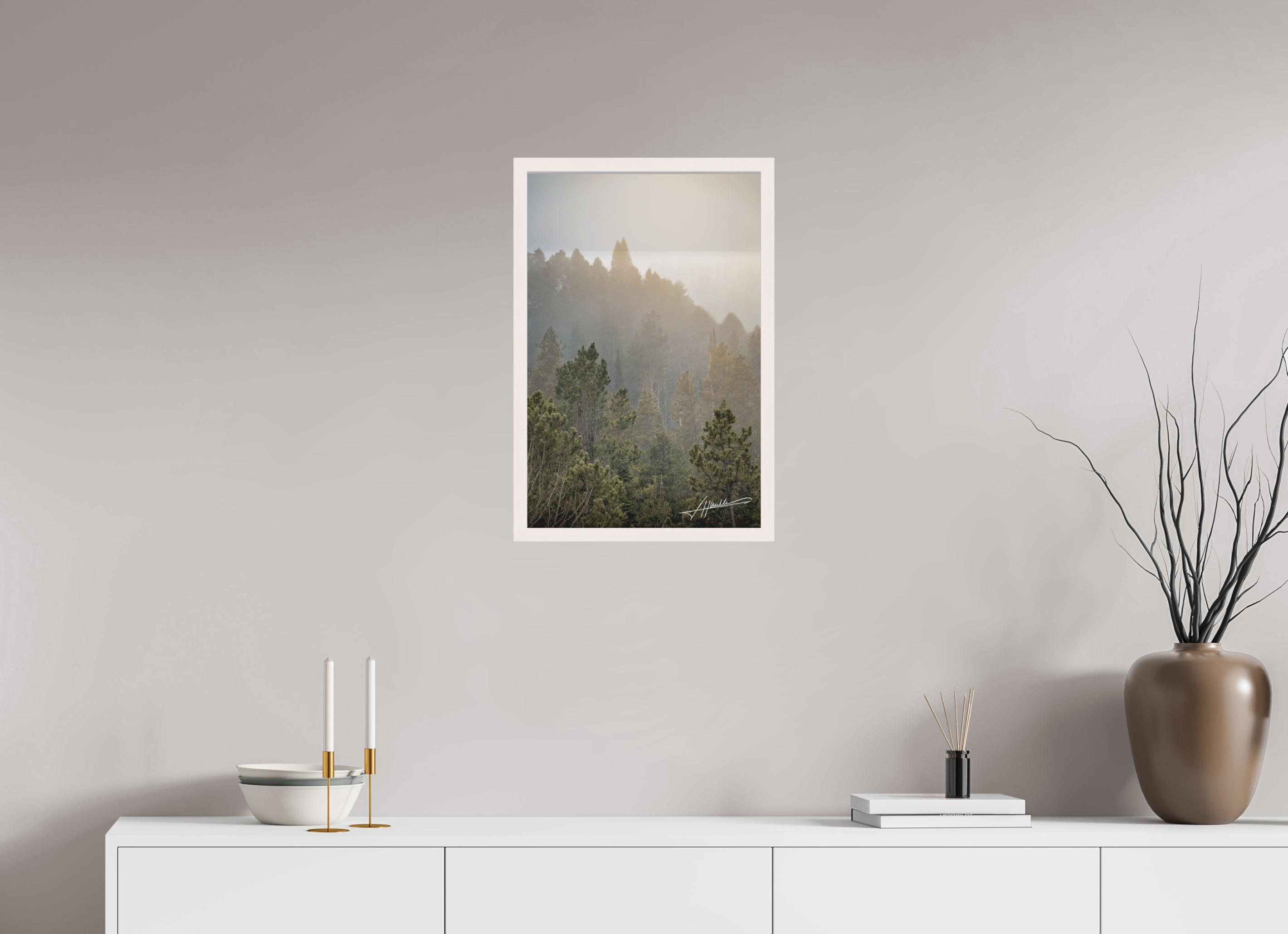 16 x 24″, Shadow Box Frame Glowing Mountain Fog
