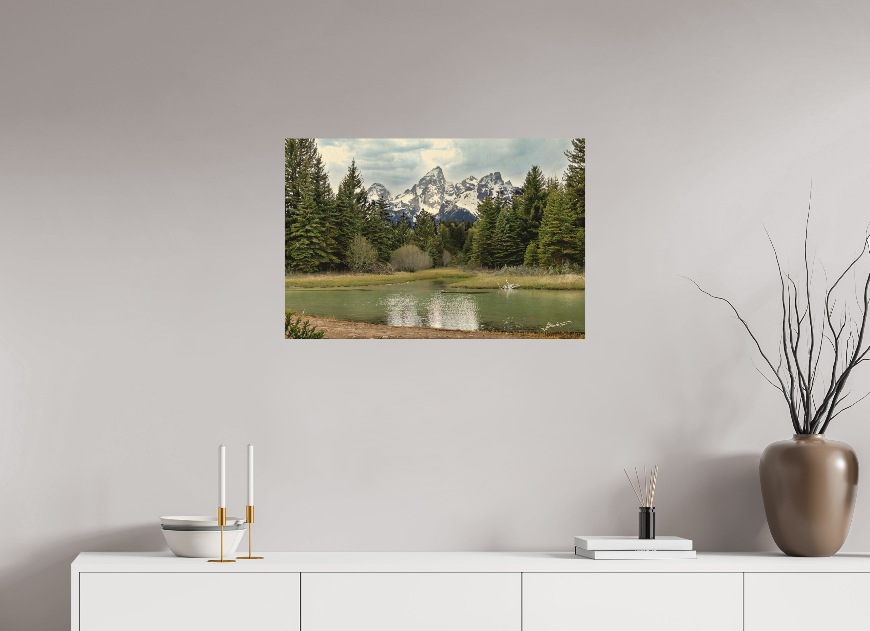 30 x 20″, Direct Photo Print on Wood Mountain Reflection