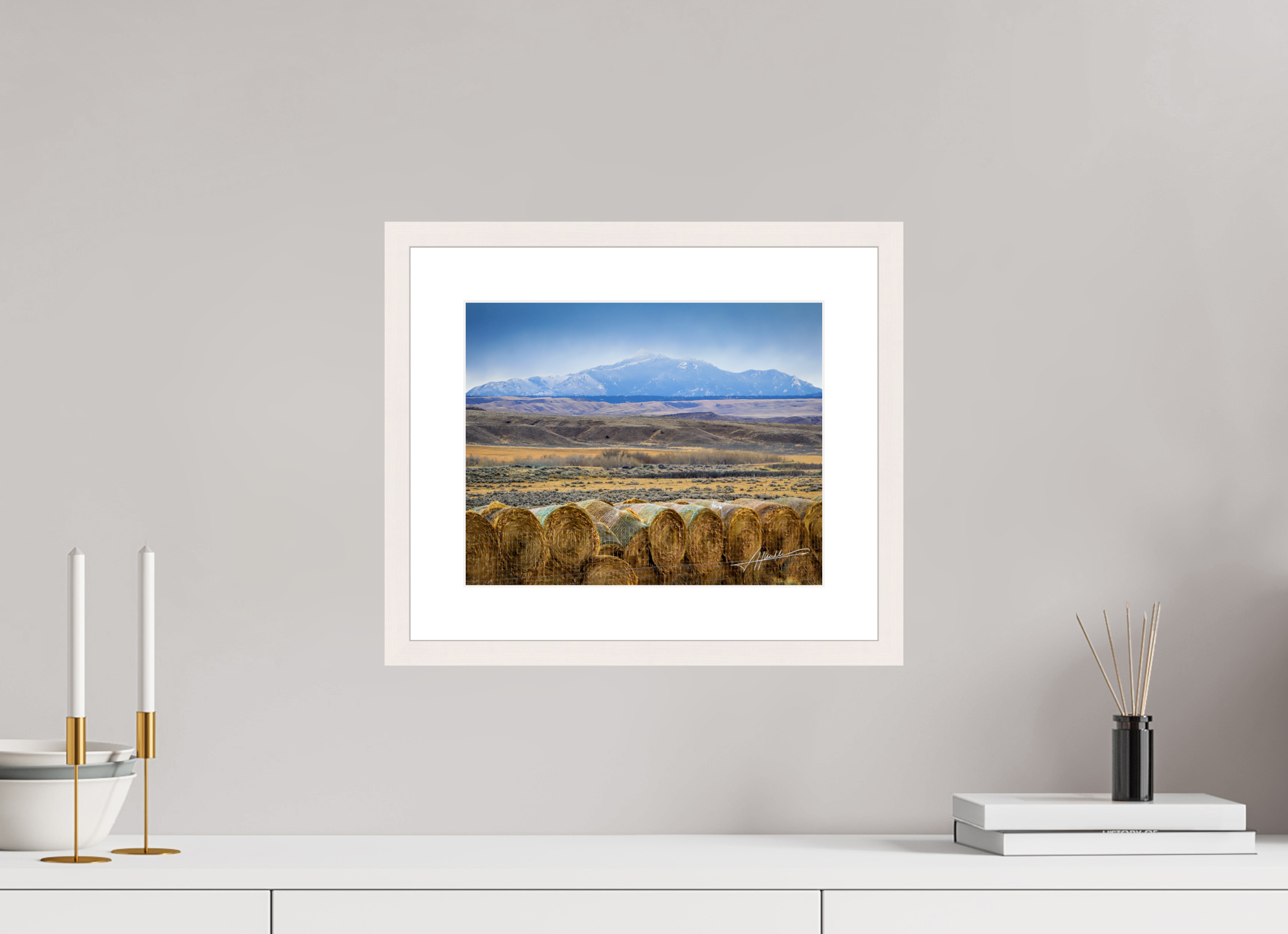 12.5 x 10″, Solid Wood Frame with Passe-partout Hay Bales on the Prairie