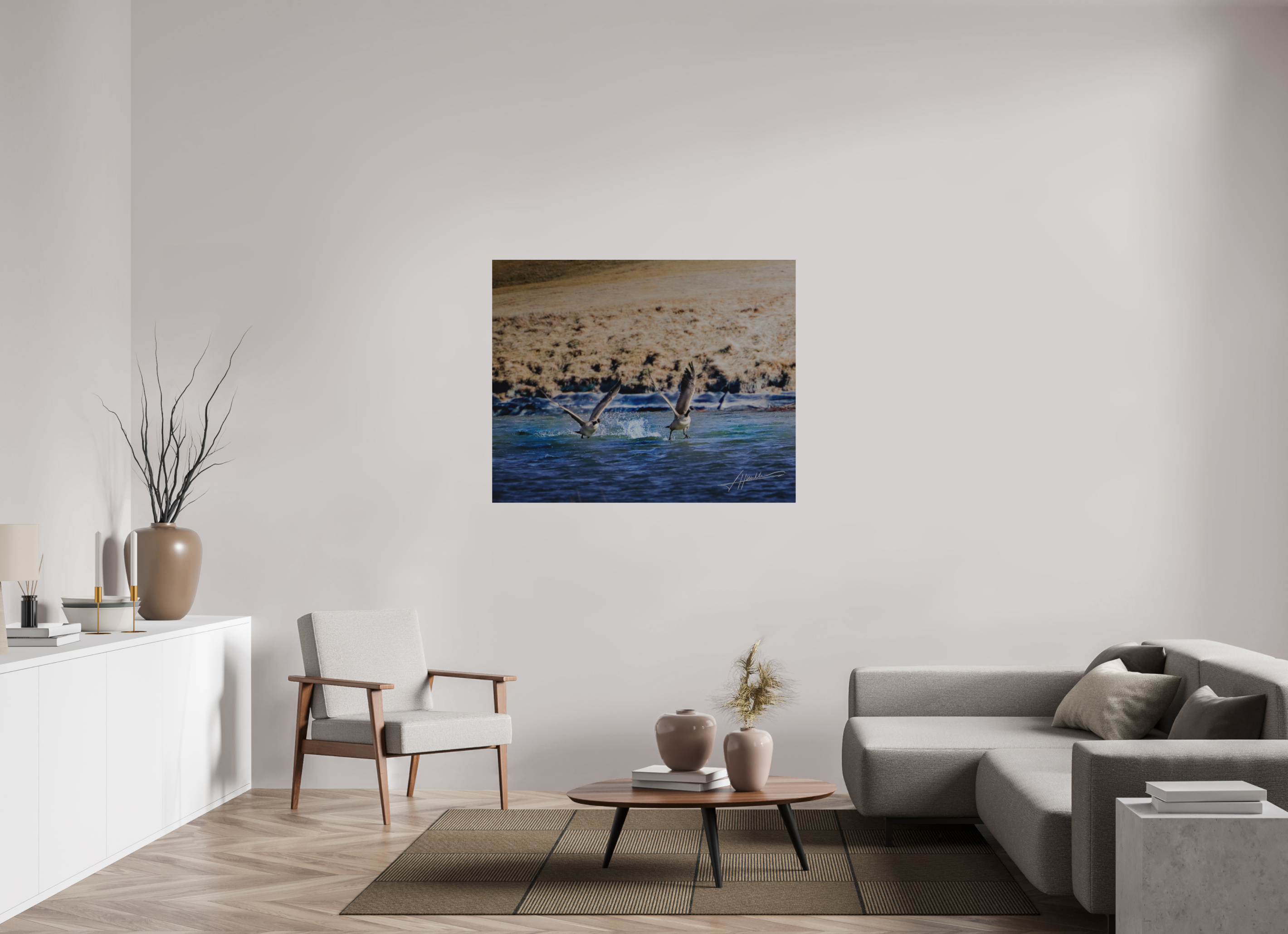 48.7 x 39″, Direct Brushed Aluminum Geese Taking Flight