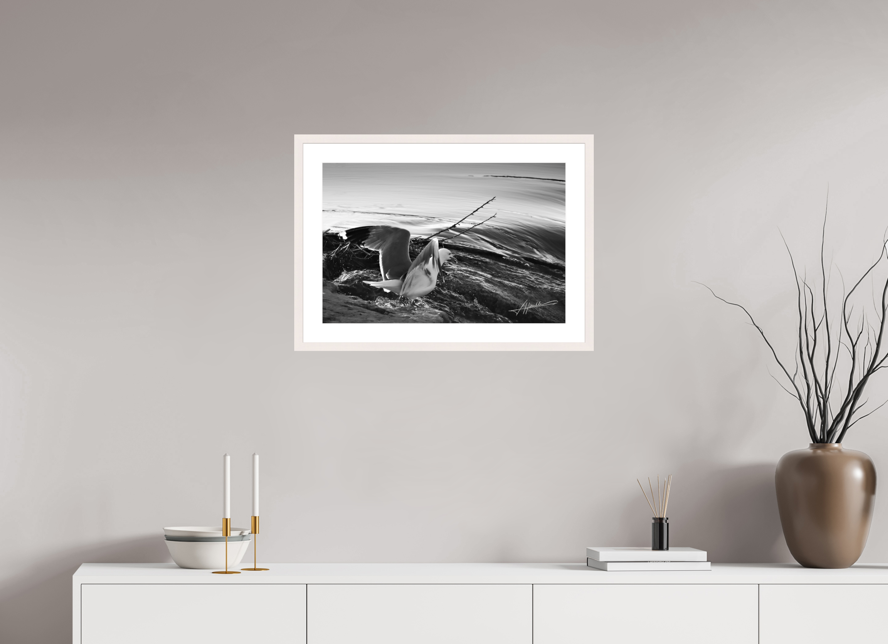 24 x 16″, Solid Wood Frame with Passe-partout Seagull Takes Flight