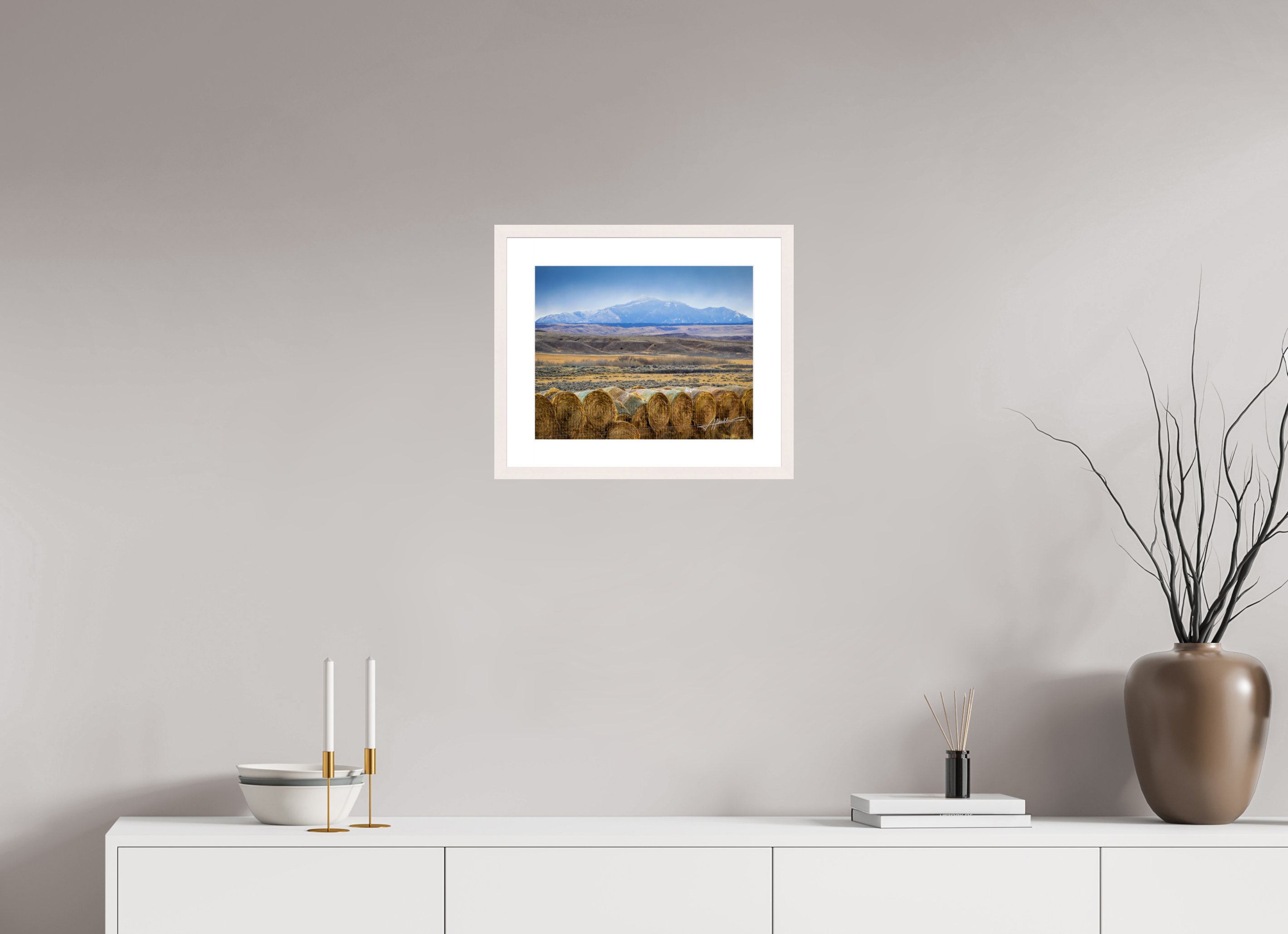 15 x 12″, Solid Wood Frame with Passe-partout Hay Bales on the Prairie
