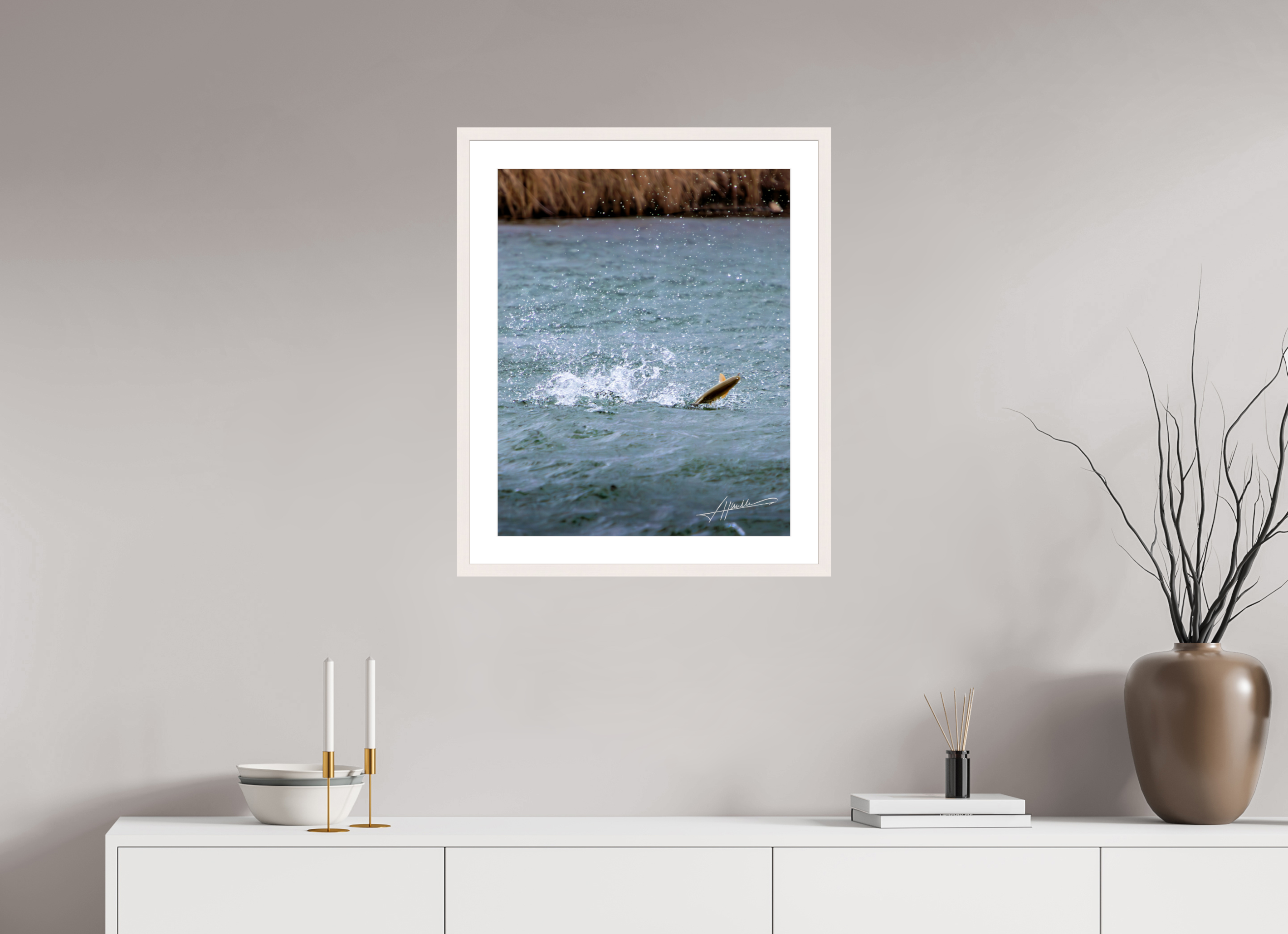 20 x 25″, Solid Wood Frame with Passe-partout Jumping Rainbow Trout