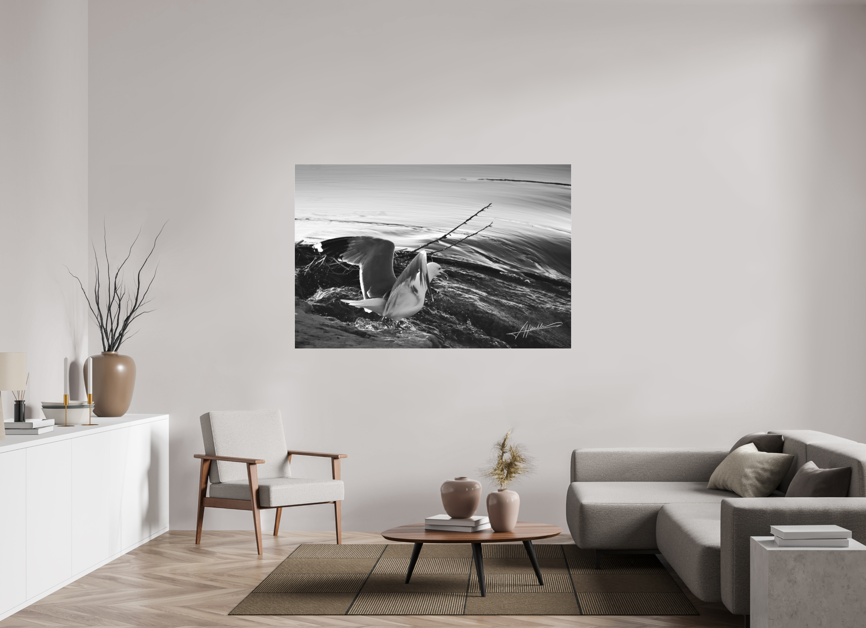 66 x 44″, Ilford BW Acrylic Seagull Takes Flight
