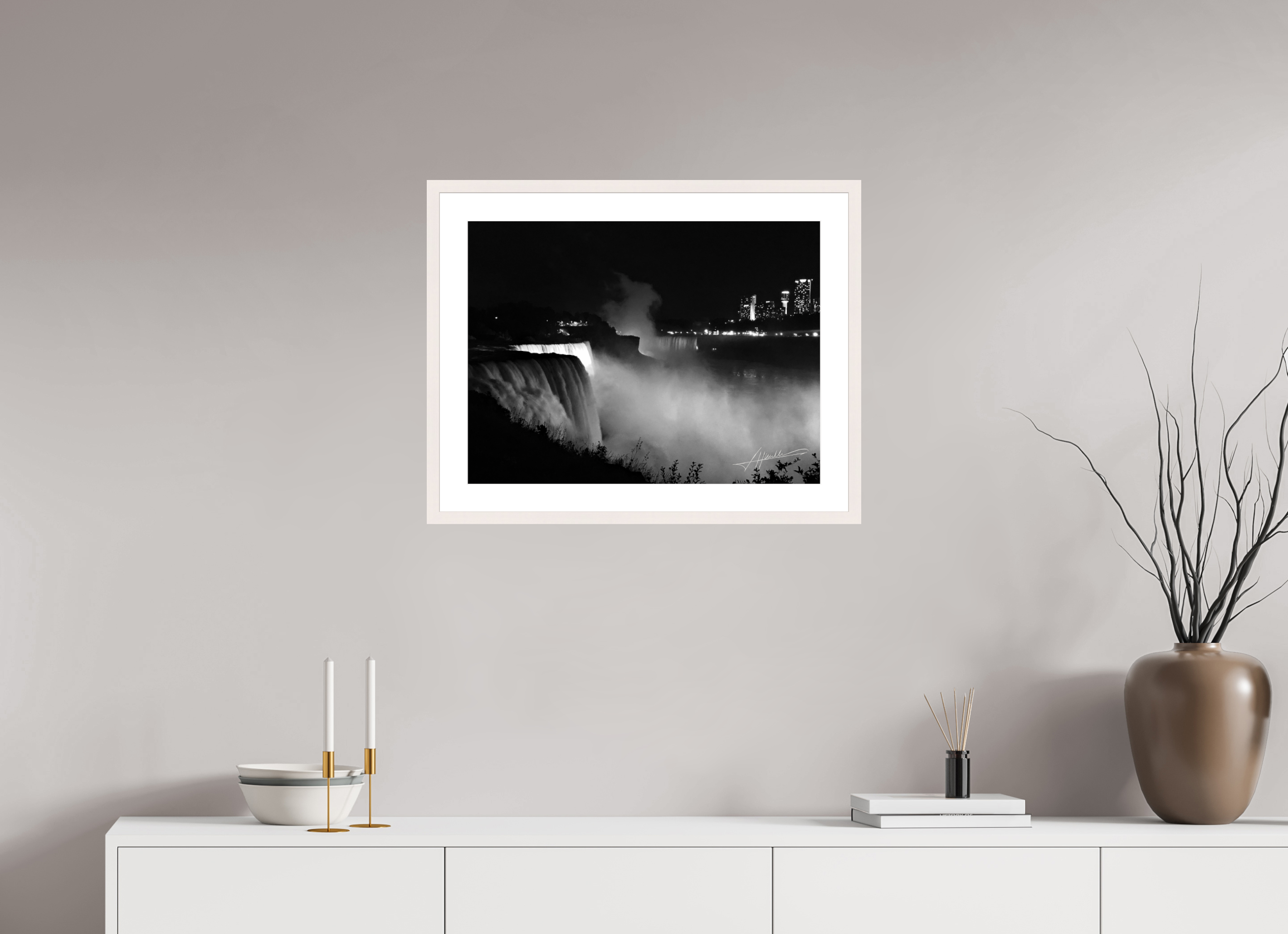 24 x 18″, Solid Wood Frame with Passe-partout A Night at Niagara