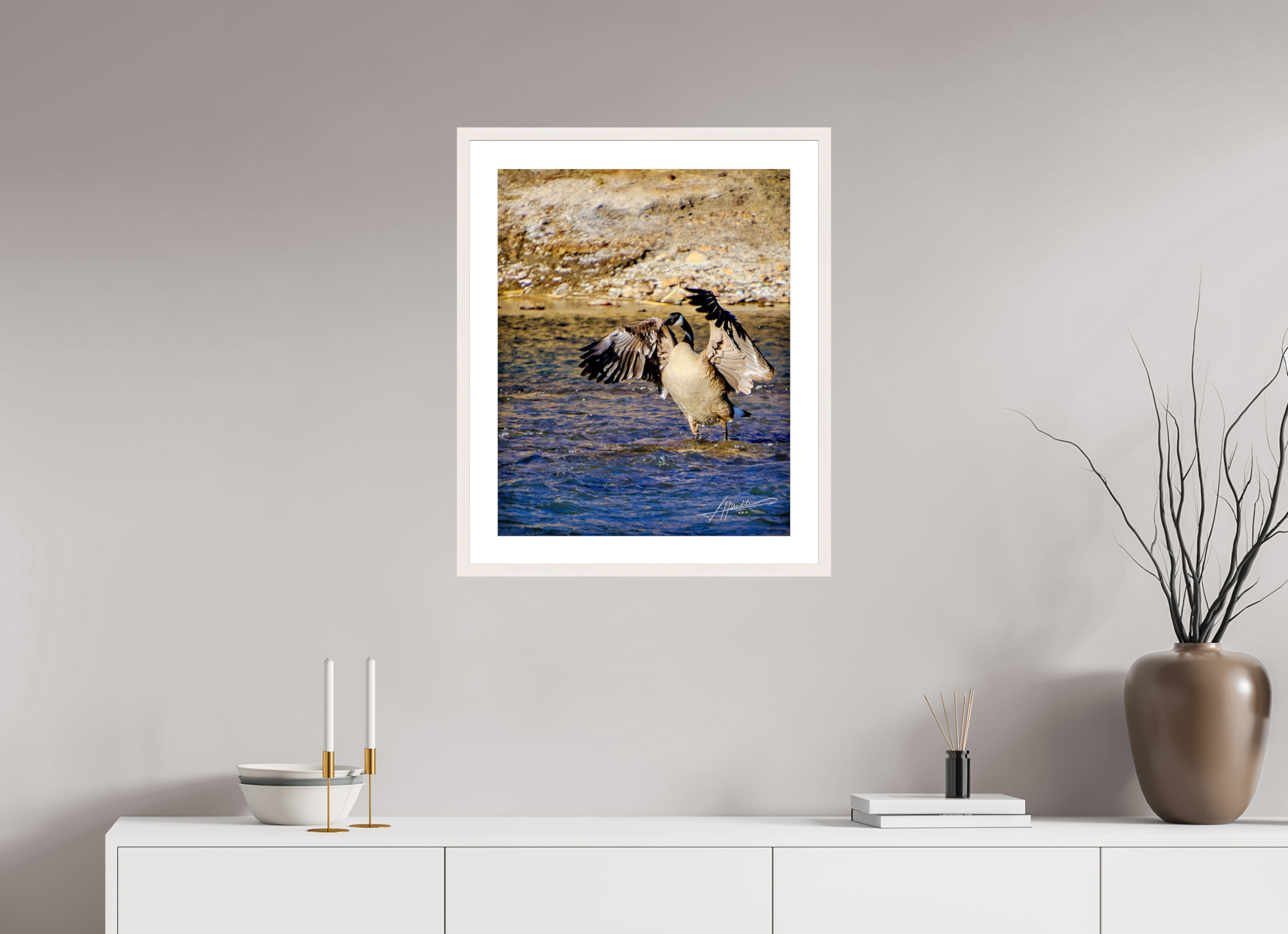 20 x 25″, Solid Wood Frame with Passe-partout The Bathing Goose