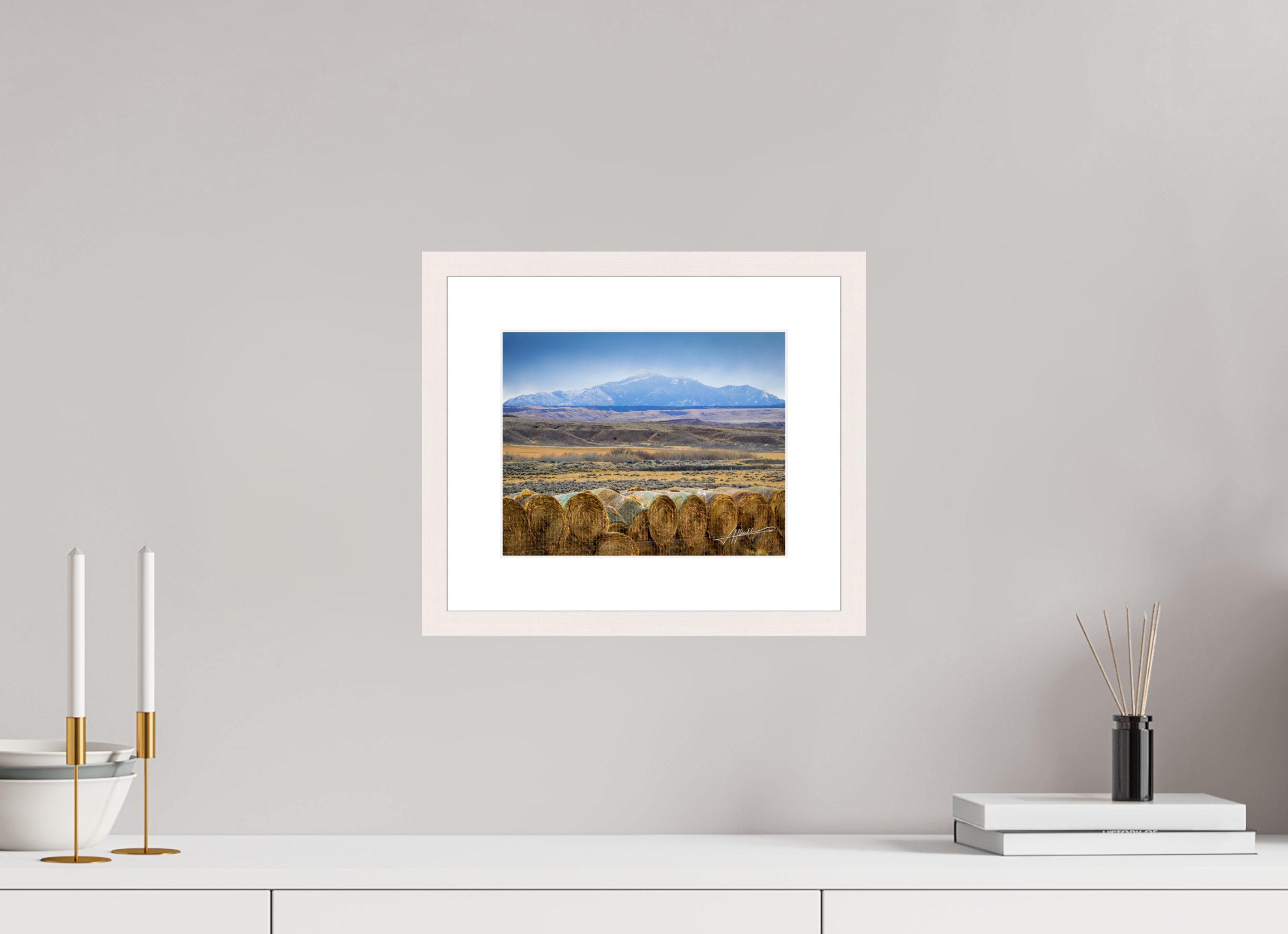 10 x 8″, Solid Wood Frame with Passe-partout Hay Bales on the Prairie
